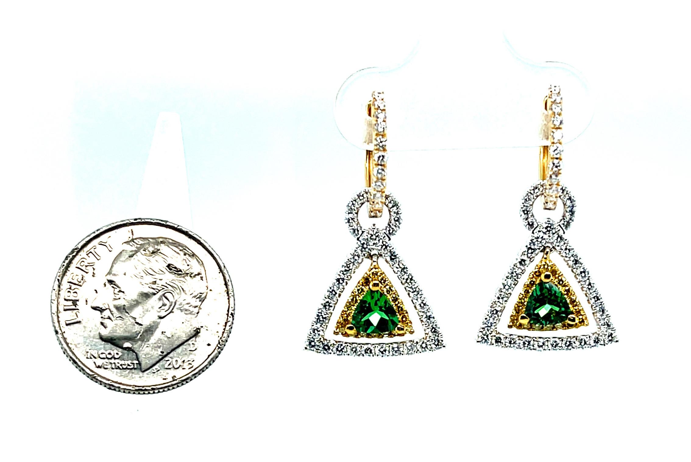 Tsavorite Garnet, Diamond, and Yellow Sapphire Dangle Earrings in 18k Gold   For Sale 3