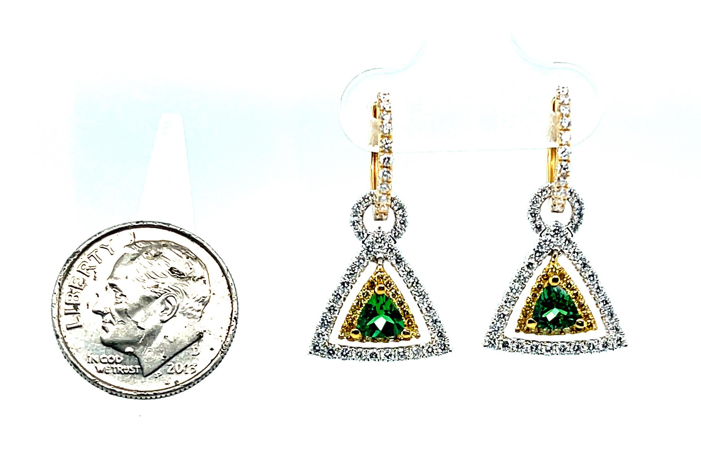 Tsavorite Garnet, Diamond, and Yellow Sapphire Dangle Earrings in 18k Gold For Sale 4