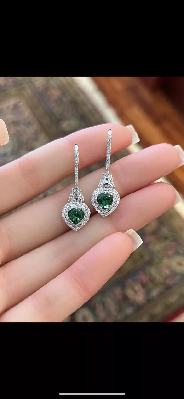 Heart Cut Tsavorite Garnet Hearts and Diamond Drop Earrings in 18k White Gold For Sale