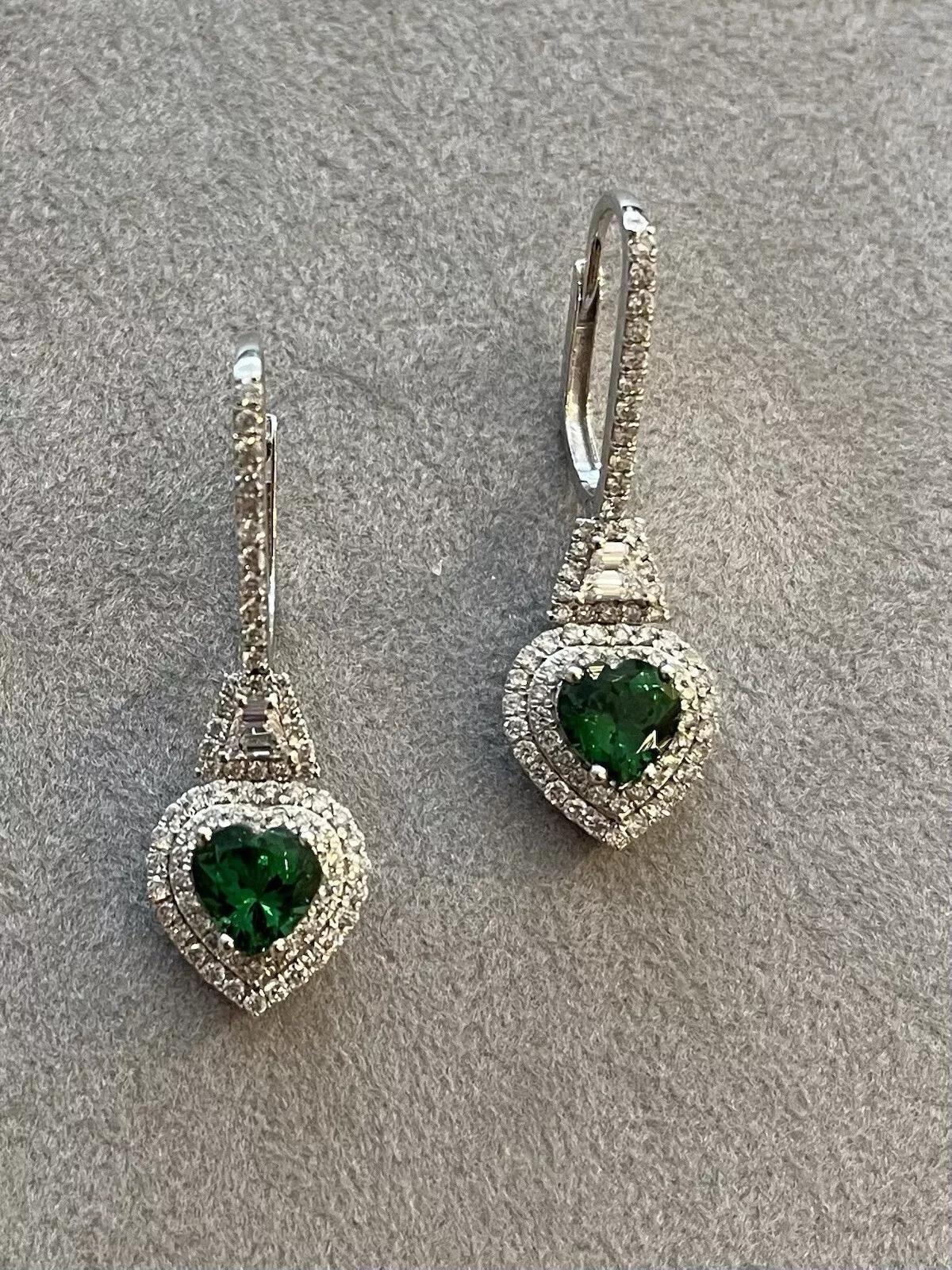 Women's Tsavorite Garnet Hearts and Diamond Drop Earrings in 18k White Gold For Sale