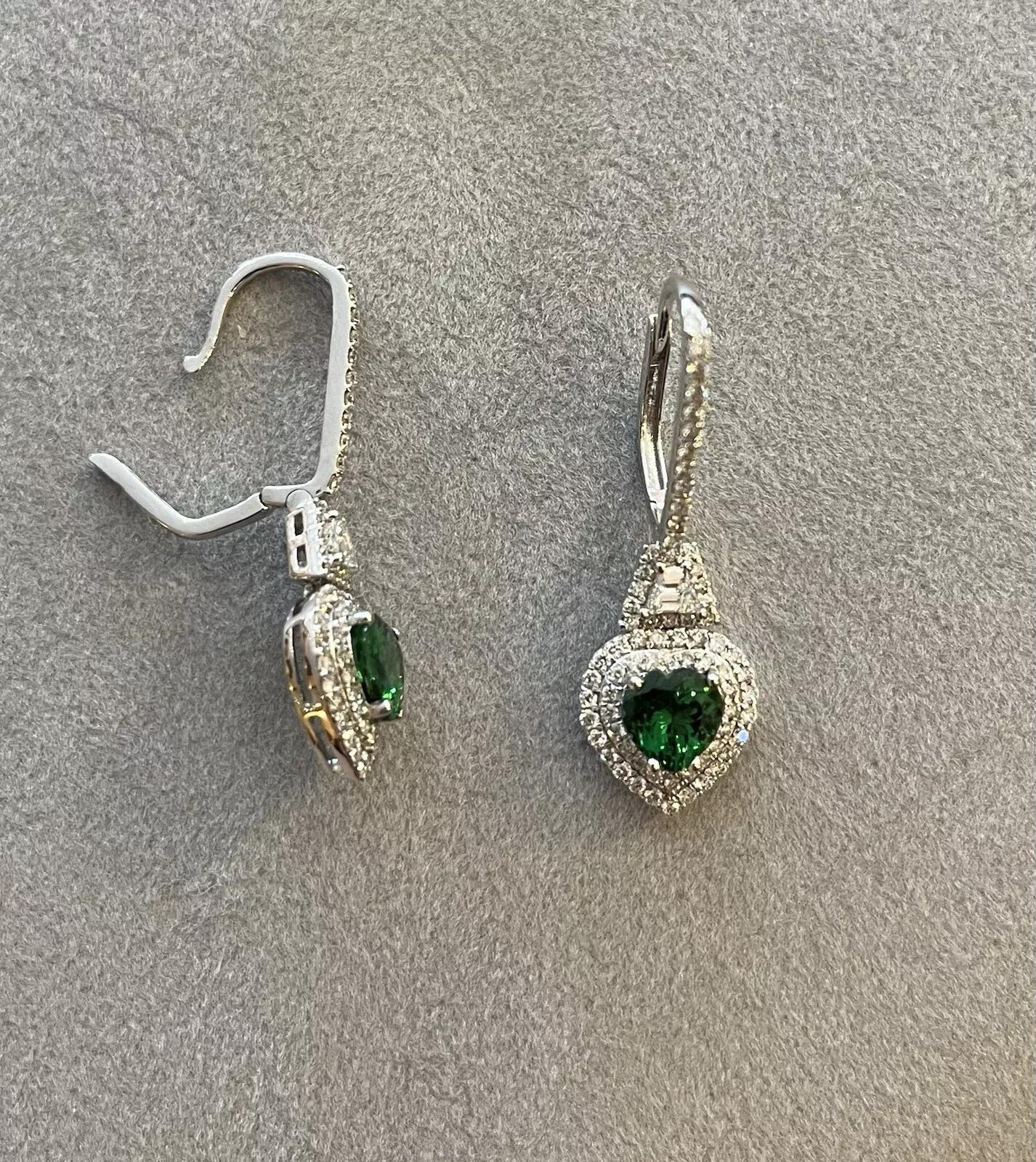 Tsavorite Garnet Hearts and Diamond Drop Earrings in 18k White Gold For Sale 1