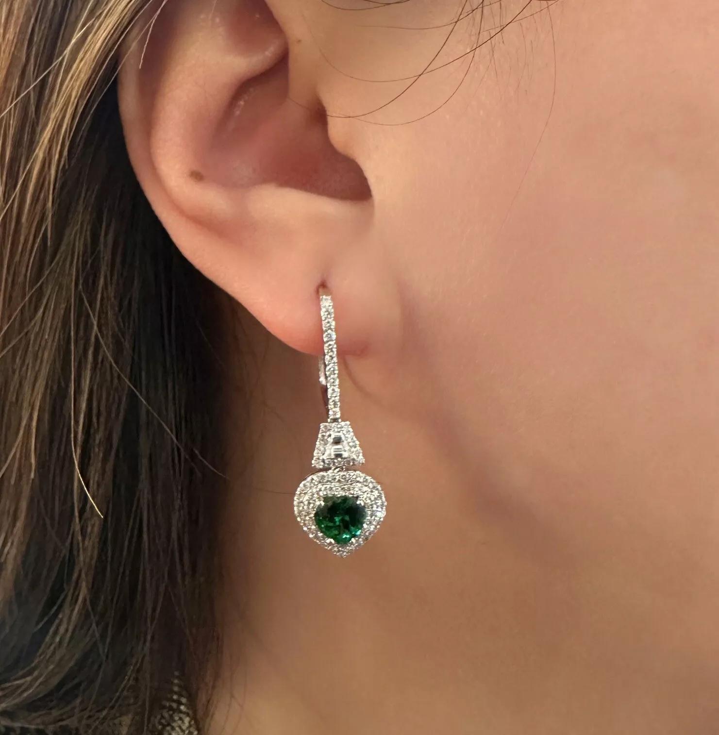 Tsavorite Garnet Hearts and Diamond Drop Earrings in 18k White Gold For Sale 2