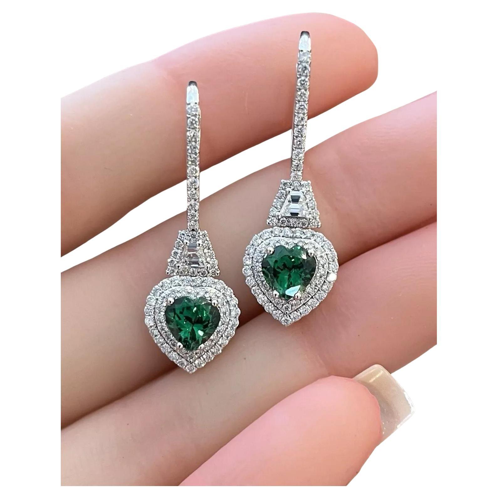 Tsavorite Garnet Hearts and Diamond Drop Earrings in 18k White Gold