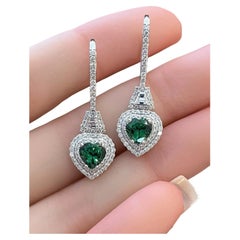 Tsavorite Garnet Hearts and Diamond Drop Earrings in 18k White Gold