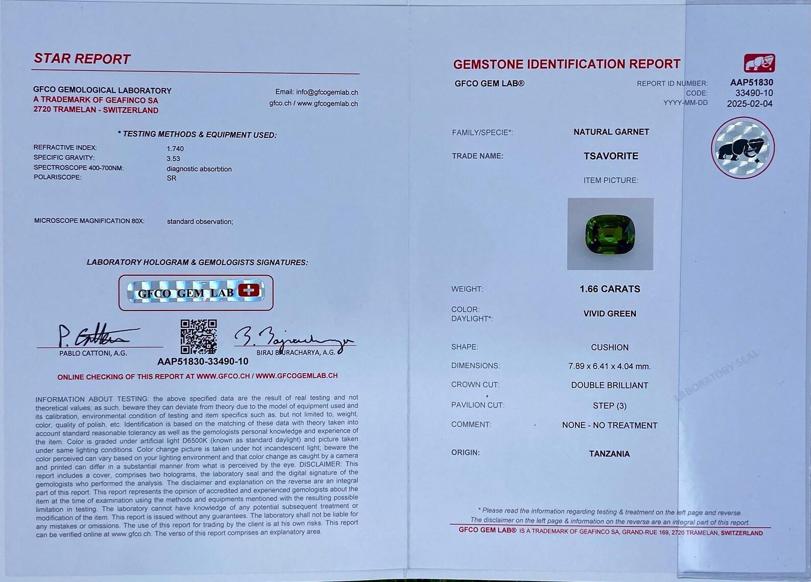 Granato di Tsavorite sfuso 1,66 Ct. gemma naturale, Cuscino, Tanzania, Certificato in vendita 6