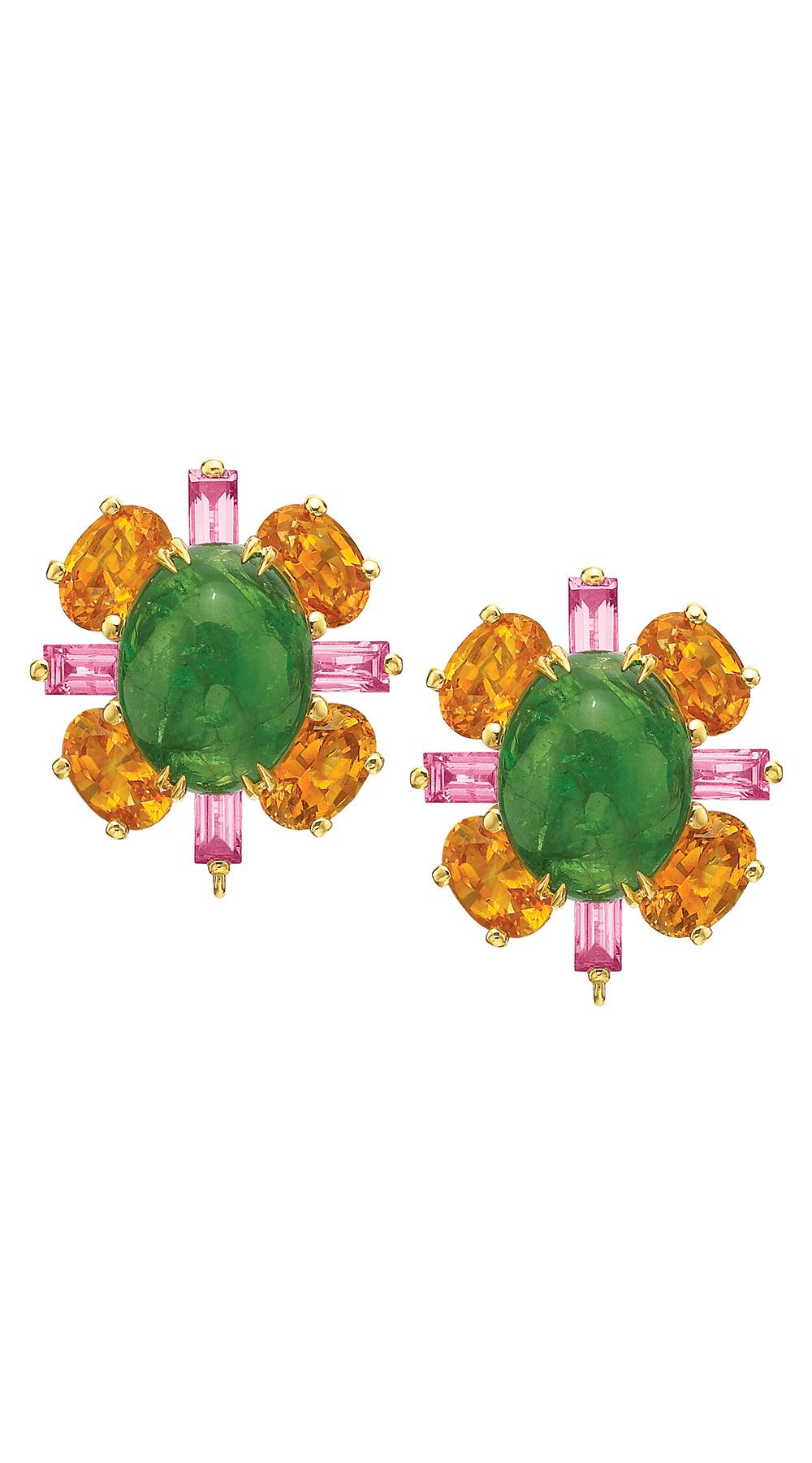 Andrew Glassford's Convertible Earrings made with 23.95 carats of Cabochon Tsavorite Green Garnets. They are surrounded by 7.45 carats of Oval Orange Sapphires. 3.74 carats of Pink Sapphires in Baguette and round shapes all set in 18k Yellow Gold.