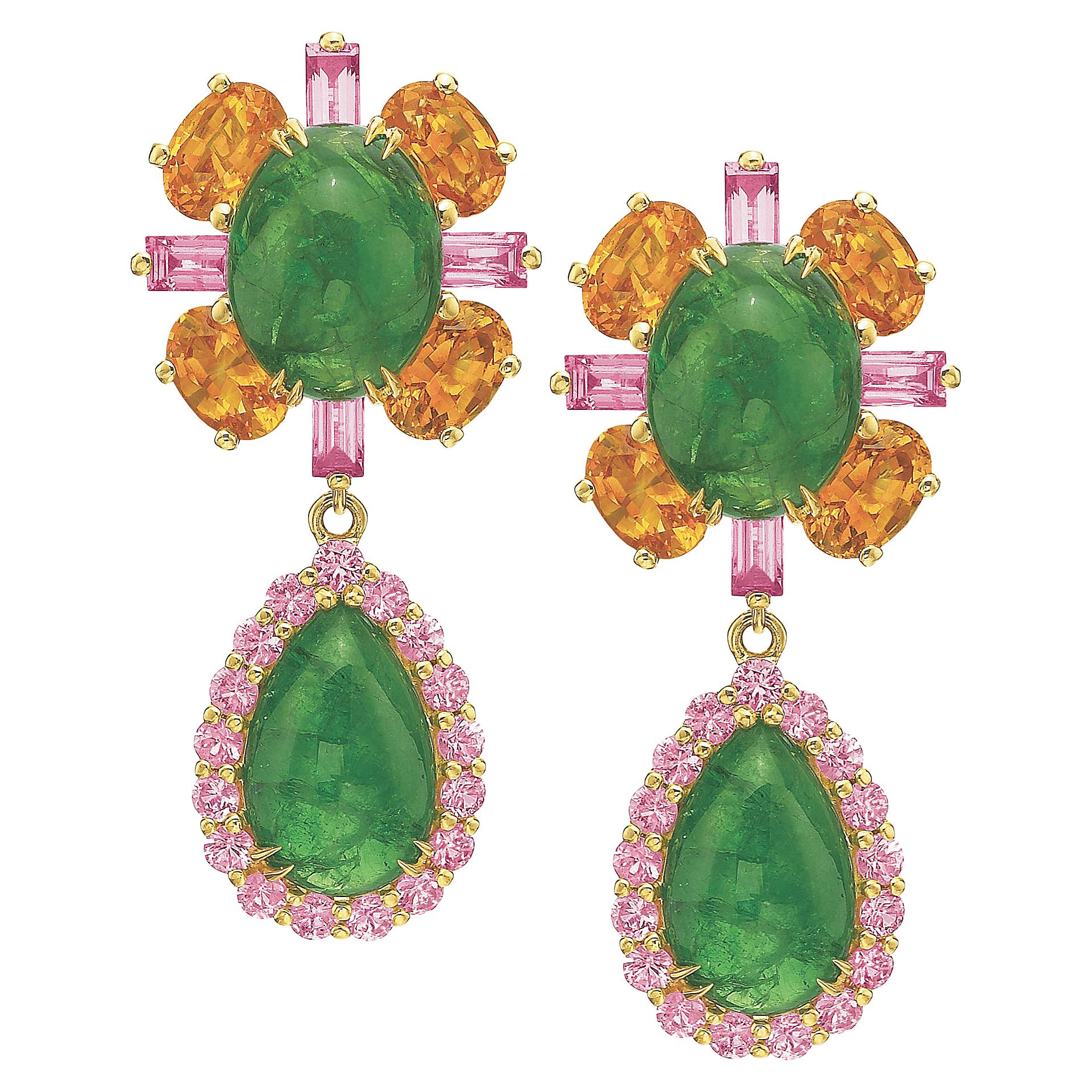 Boucles d'oreilles jour et nuit en grenat tsavorite, saphir orange et rose