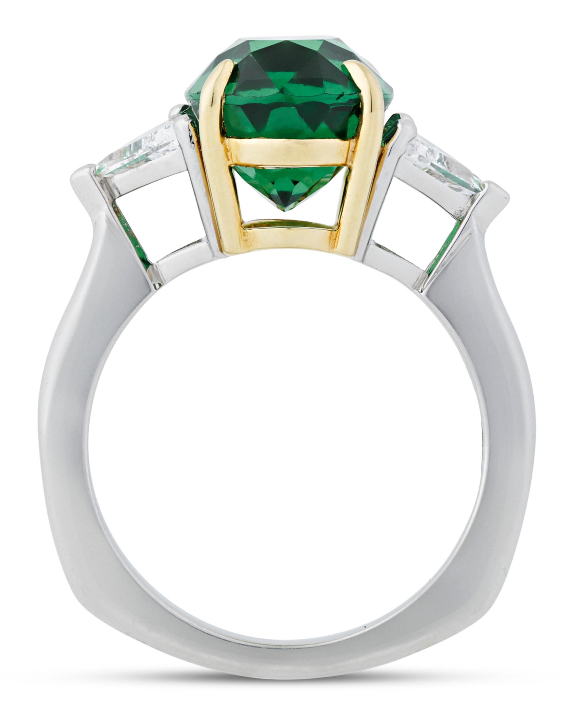 Prized for its rarity, luminosity and durability, the tsavorite garnet is truly a show-stopper of a gemstone. Weighing 6.26 carats, this jewel is among the best of its kind, exhibiting the perfect intense emerald green hue found only in the finest