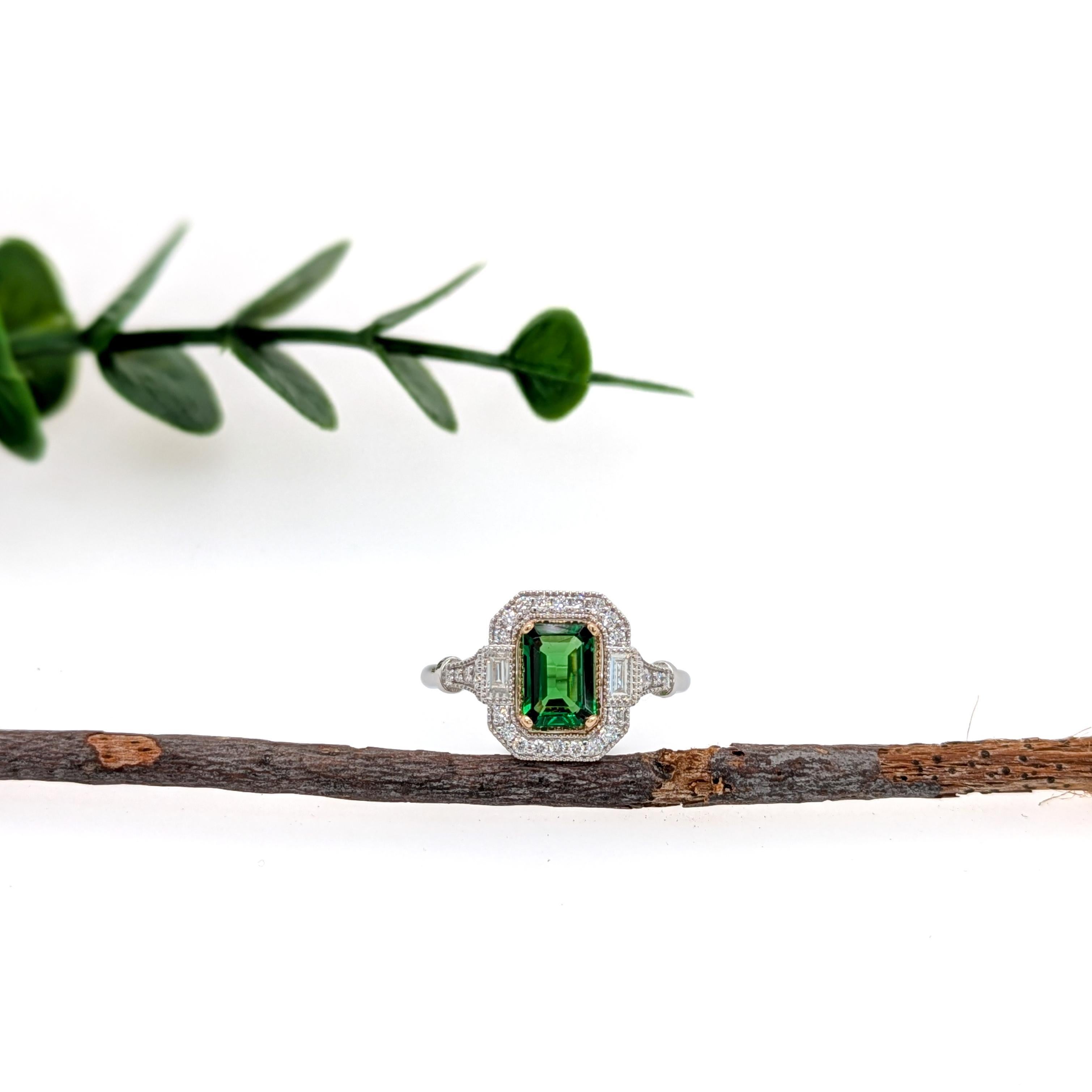Art Deco Tsavorite Garnet Ring w Earth Mined Diamond Accents in Solid 14K Gold  EM 7x5mm For Sale