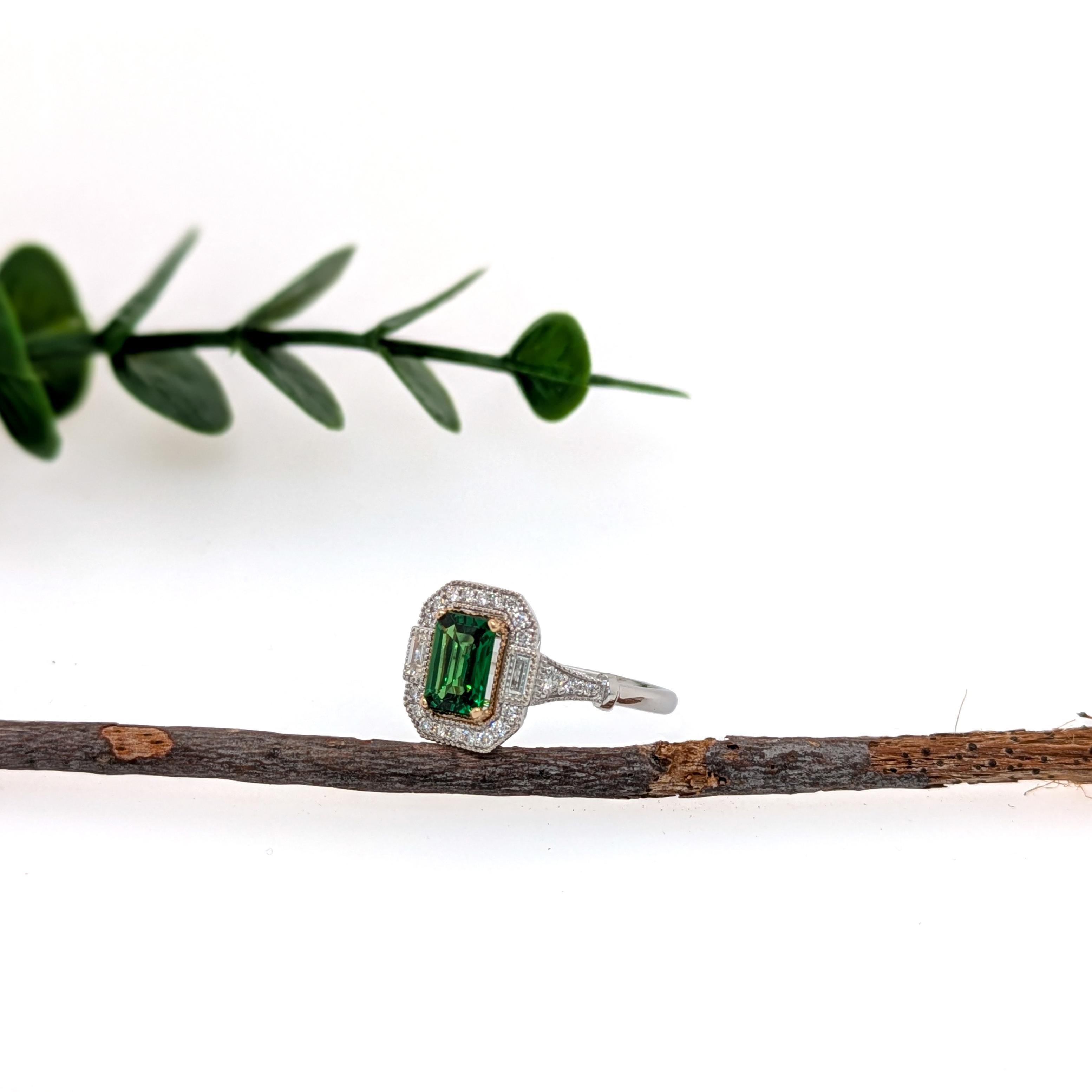 Emerald Cut Tsavorite Garnet Ring w Earth Mined Diamond Accents in Solid 14K Gold  EM 7x5mm For Sale