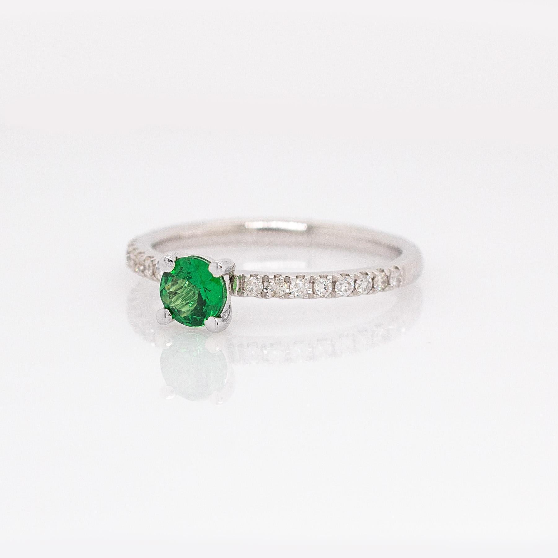 Taglio rotondo Anello con granato tsavorite e diamanti naturali: Oro bianco massiccio 14k, 4,5 mm in vendita