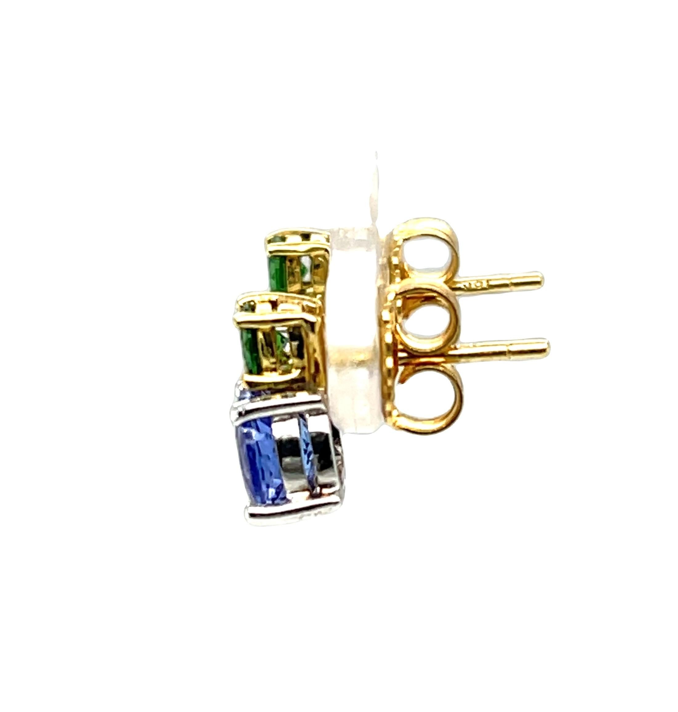 Round Cut Tsavorite Garnet Round & Tanzanite Drop, 18k Two-toned Gold Stud Post Earrings