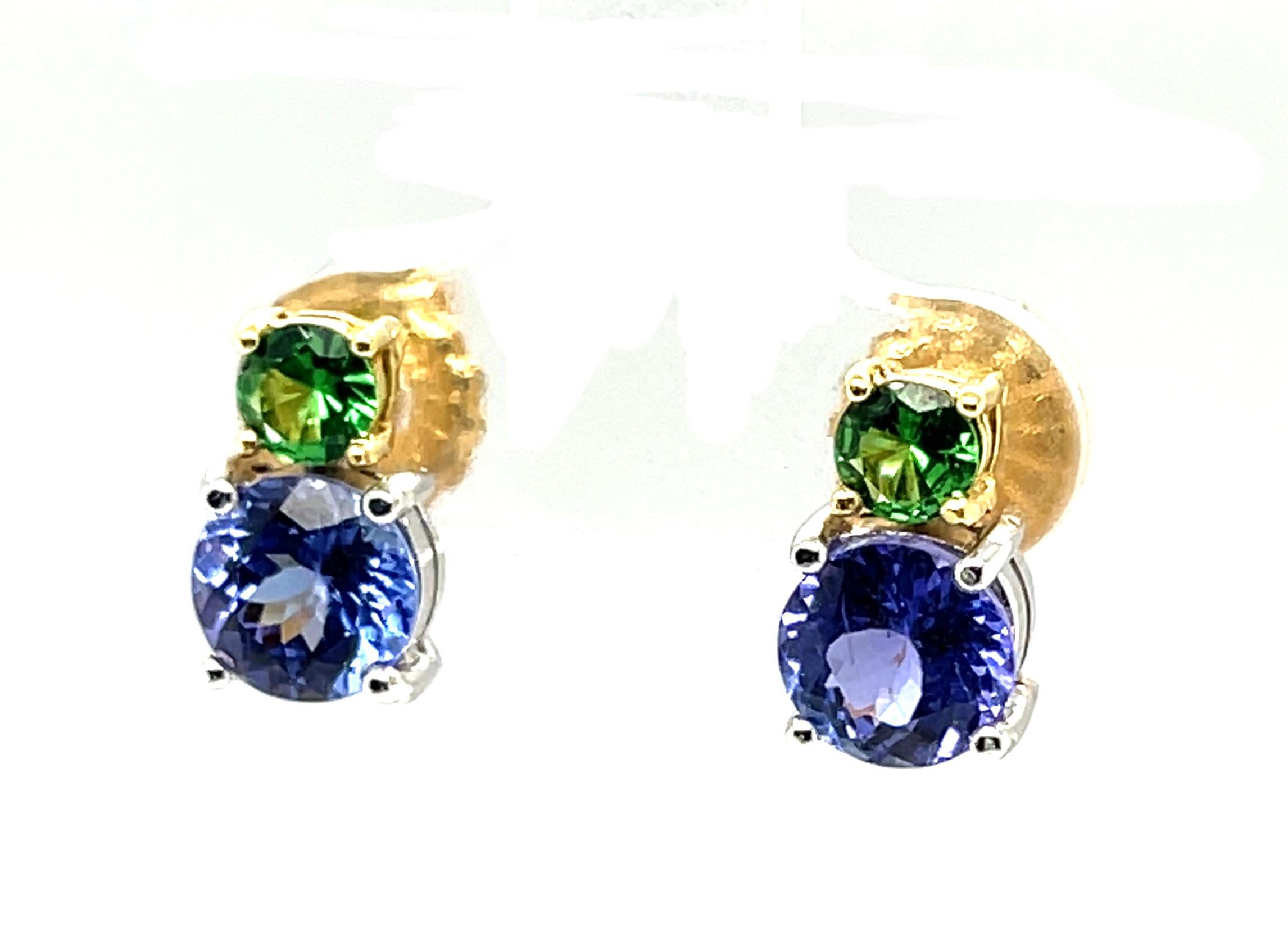 Artisan Tsavorite Garnet Round & Tanzanite Drop, 18k Two-toned Gold Stud Post Earrings