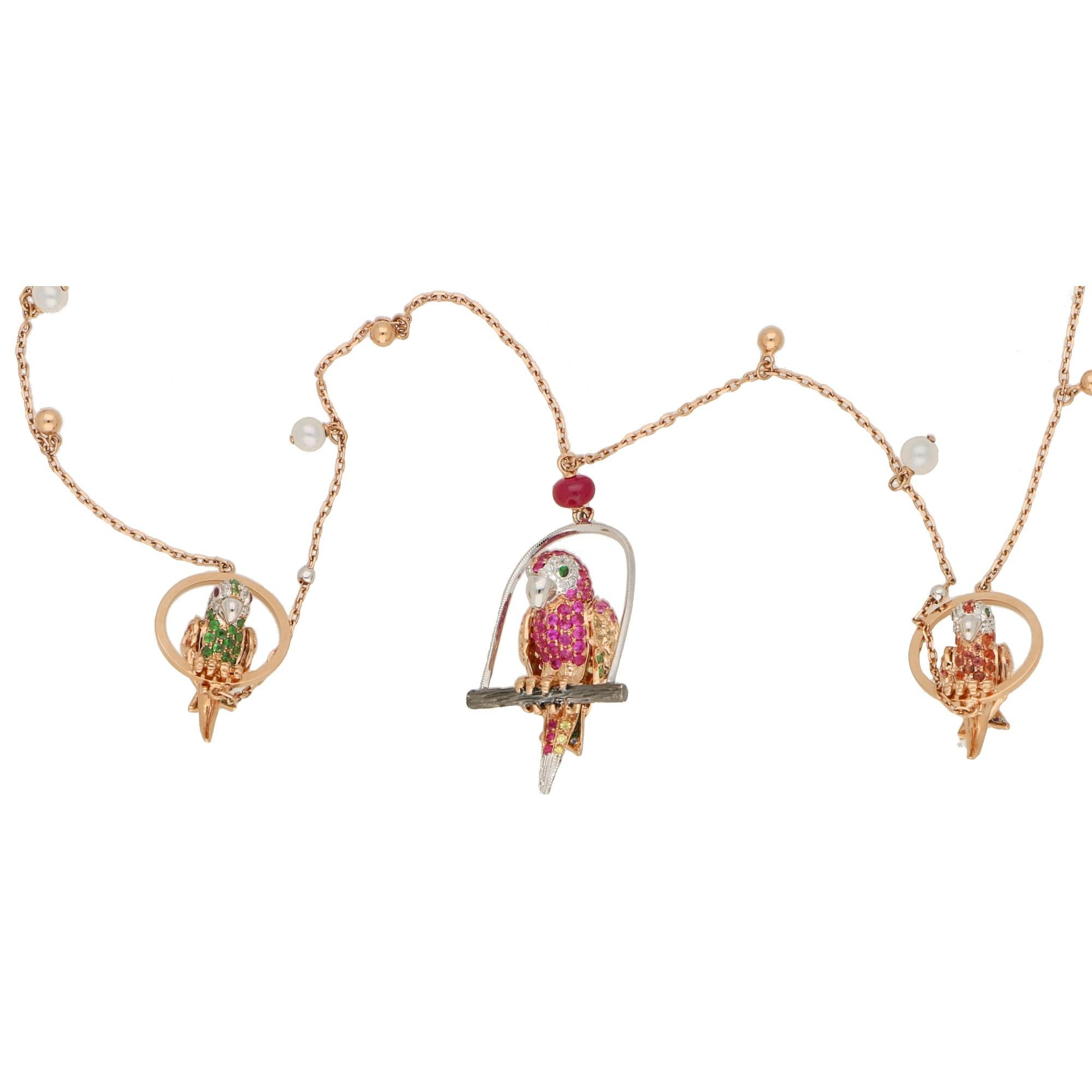 Contemporary Tsavorite Garnet, Sapphire and Diamond Parrot Necklace