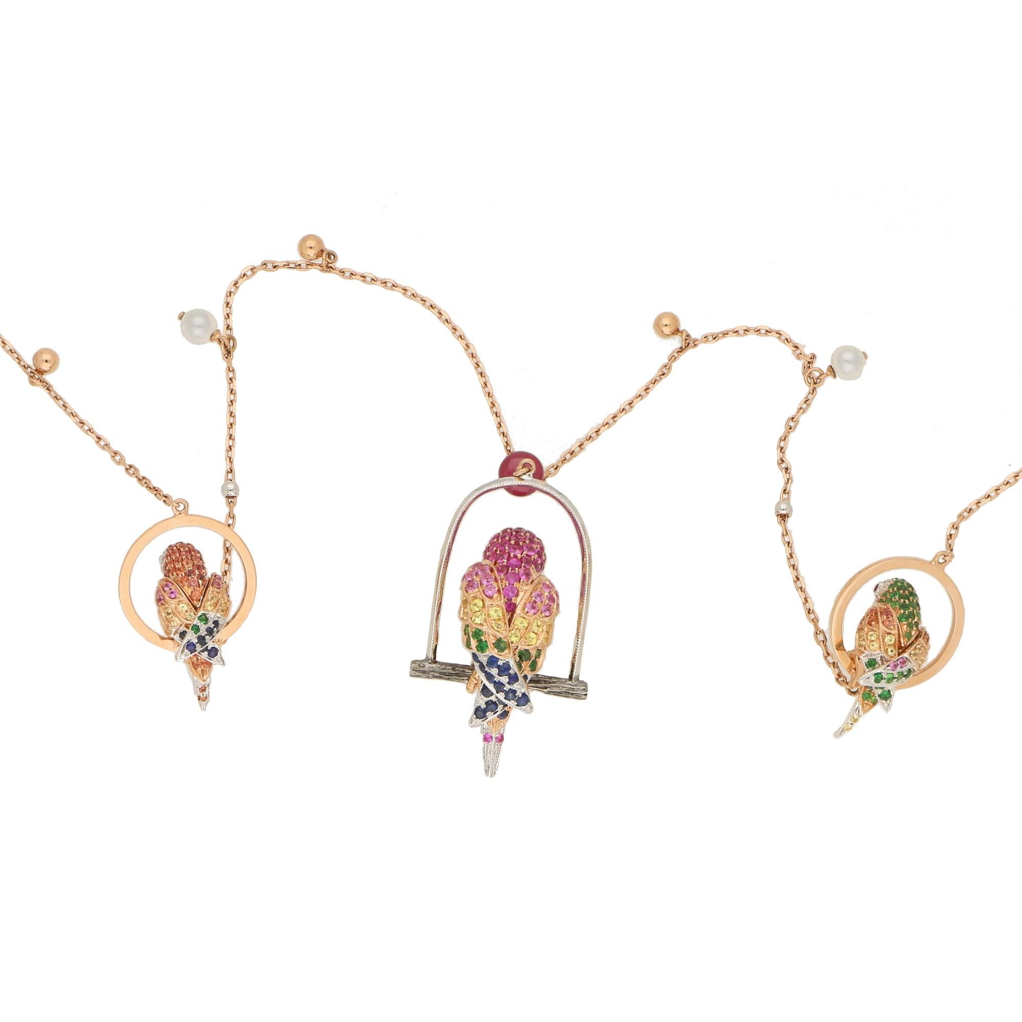 Round Cut Tsavorite Garnet, Sapphire and Diamond Parrot Necklace