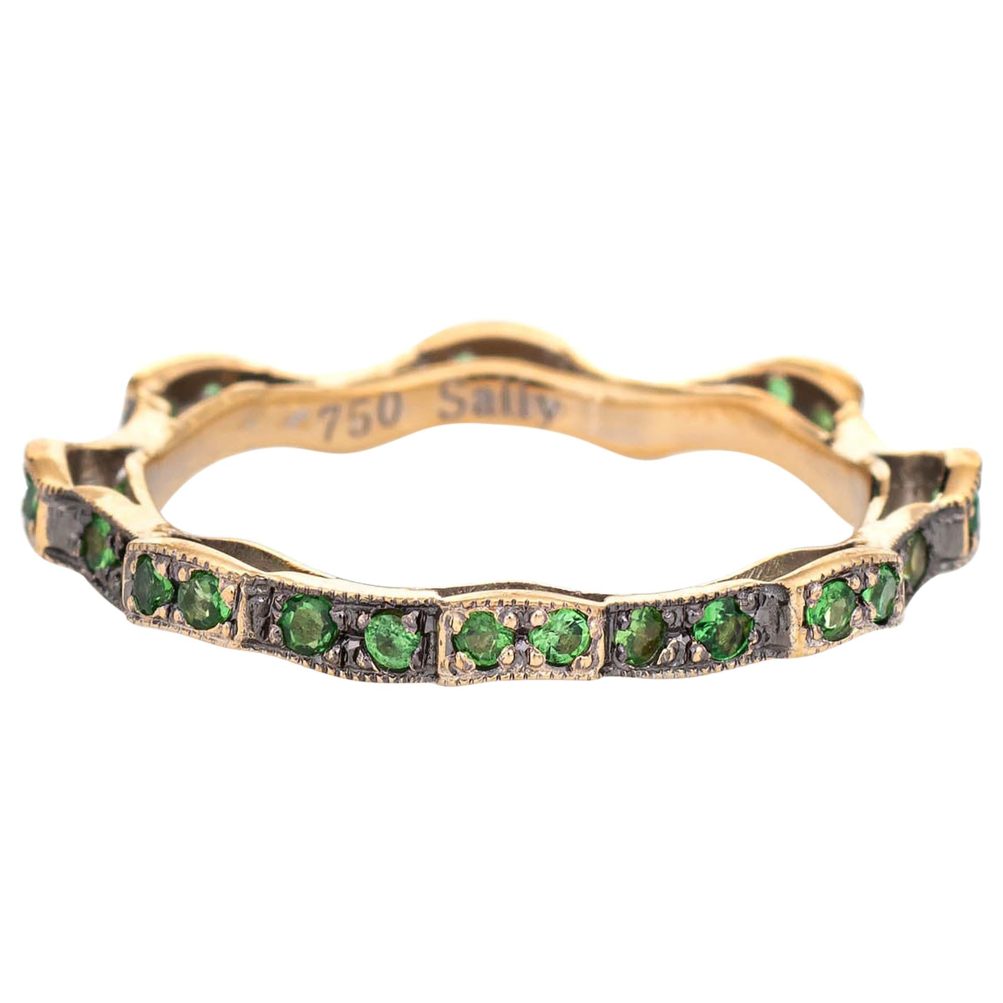 Tsavorite Garnet Wavy Eternity Ring 18k Yellow Gold Undulating Band