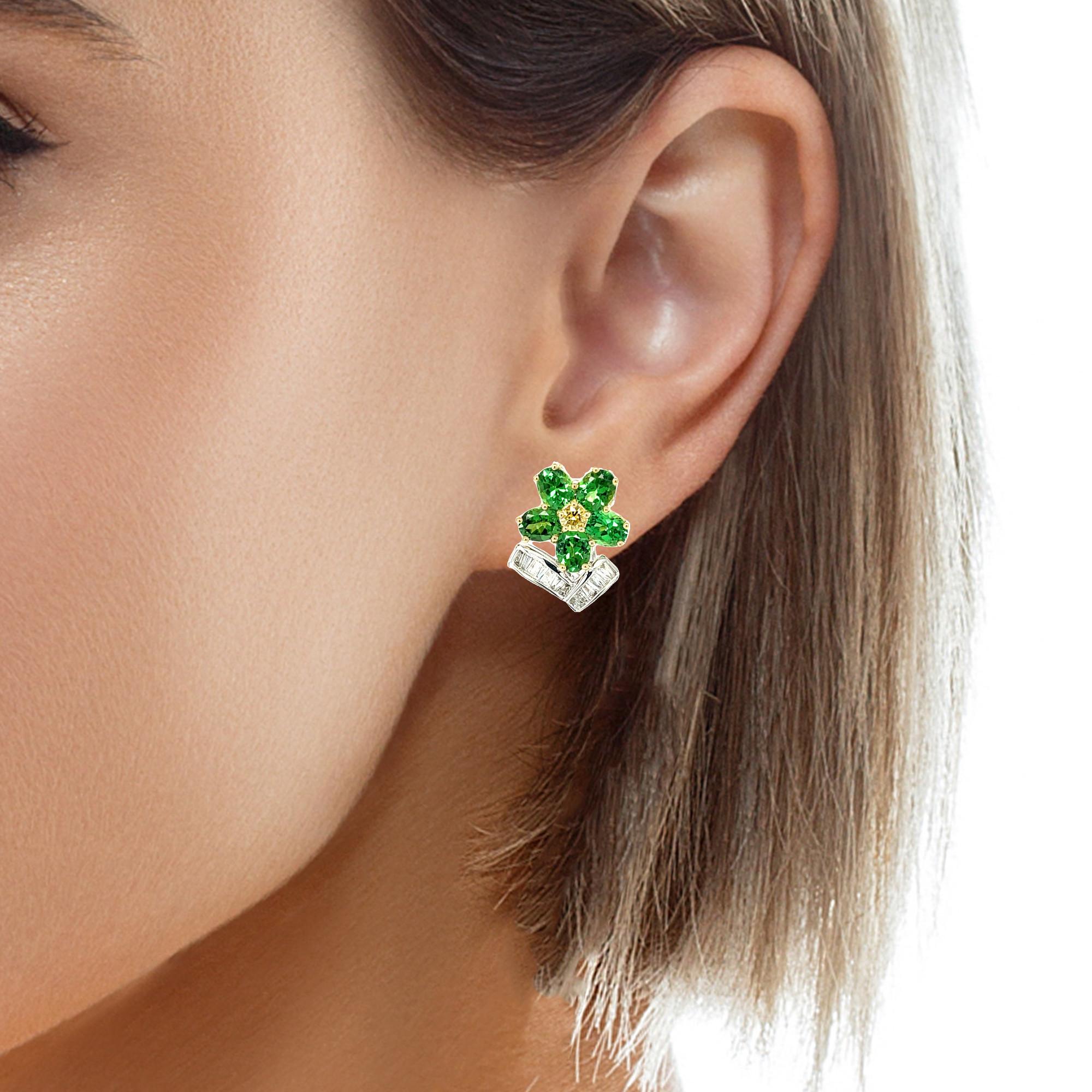 Tsavorite, Yellow and White Diamond French Clip Earrings in 18K Gold For Sale 3