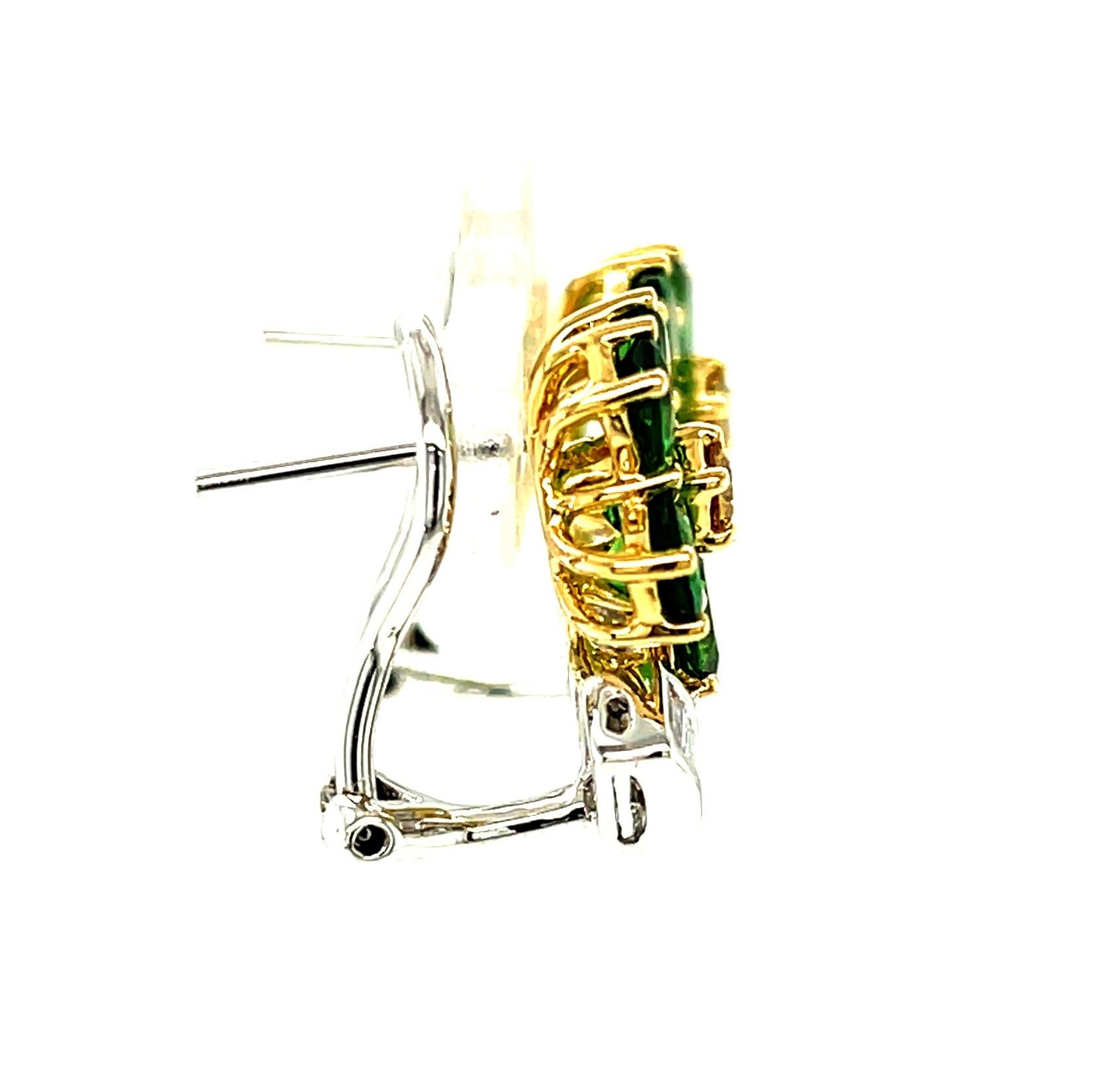 Artisan Tsavorite, Yellow and White Diamond French Clip Earrings in 18K Gold For Sale