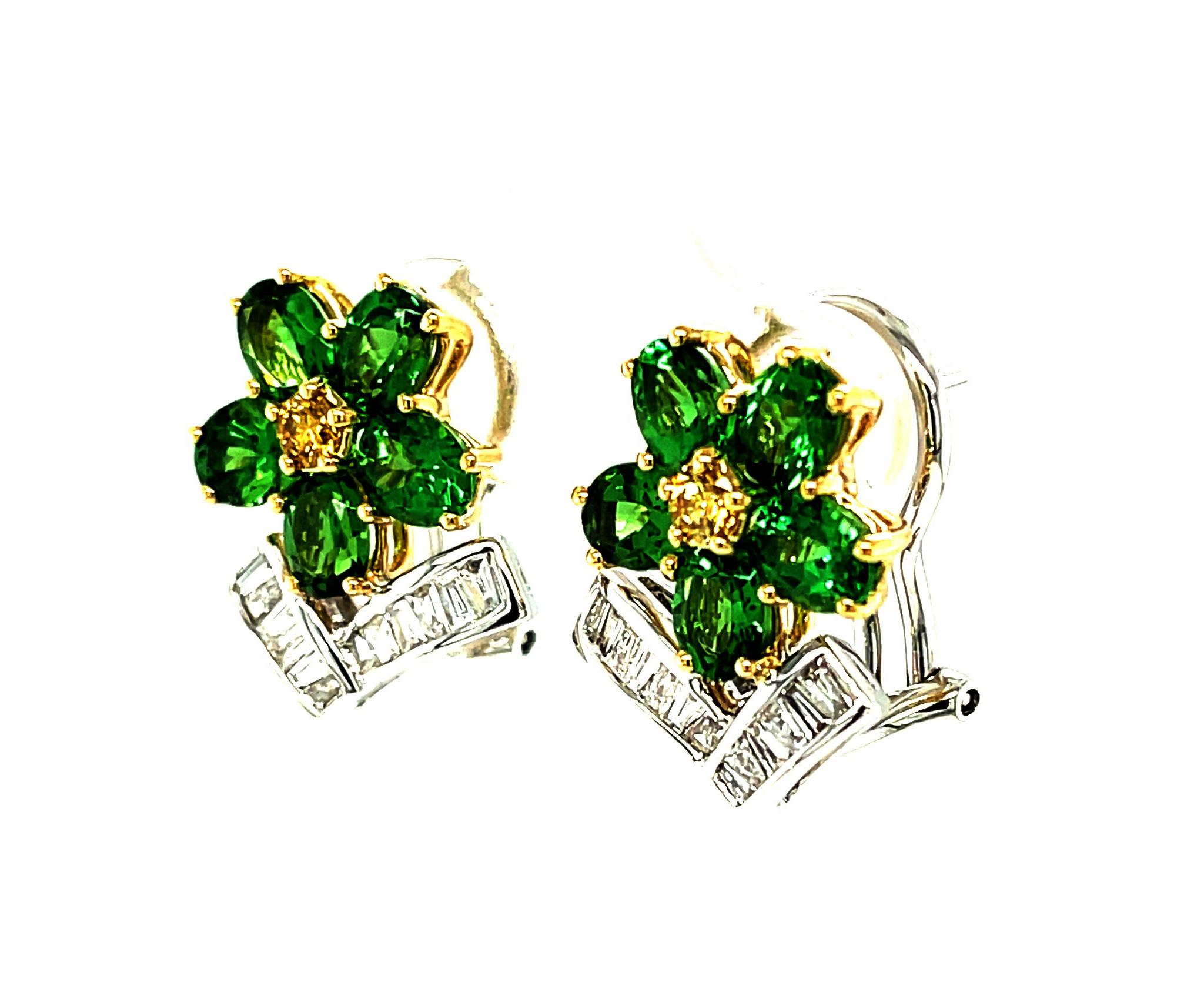 Women's Tsavorite, Yellow and White Diamond French Clip Earrings in 18K Gold For Sale
