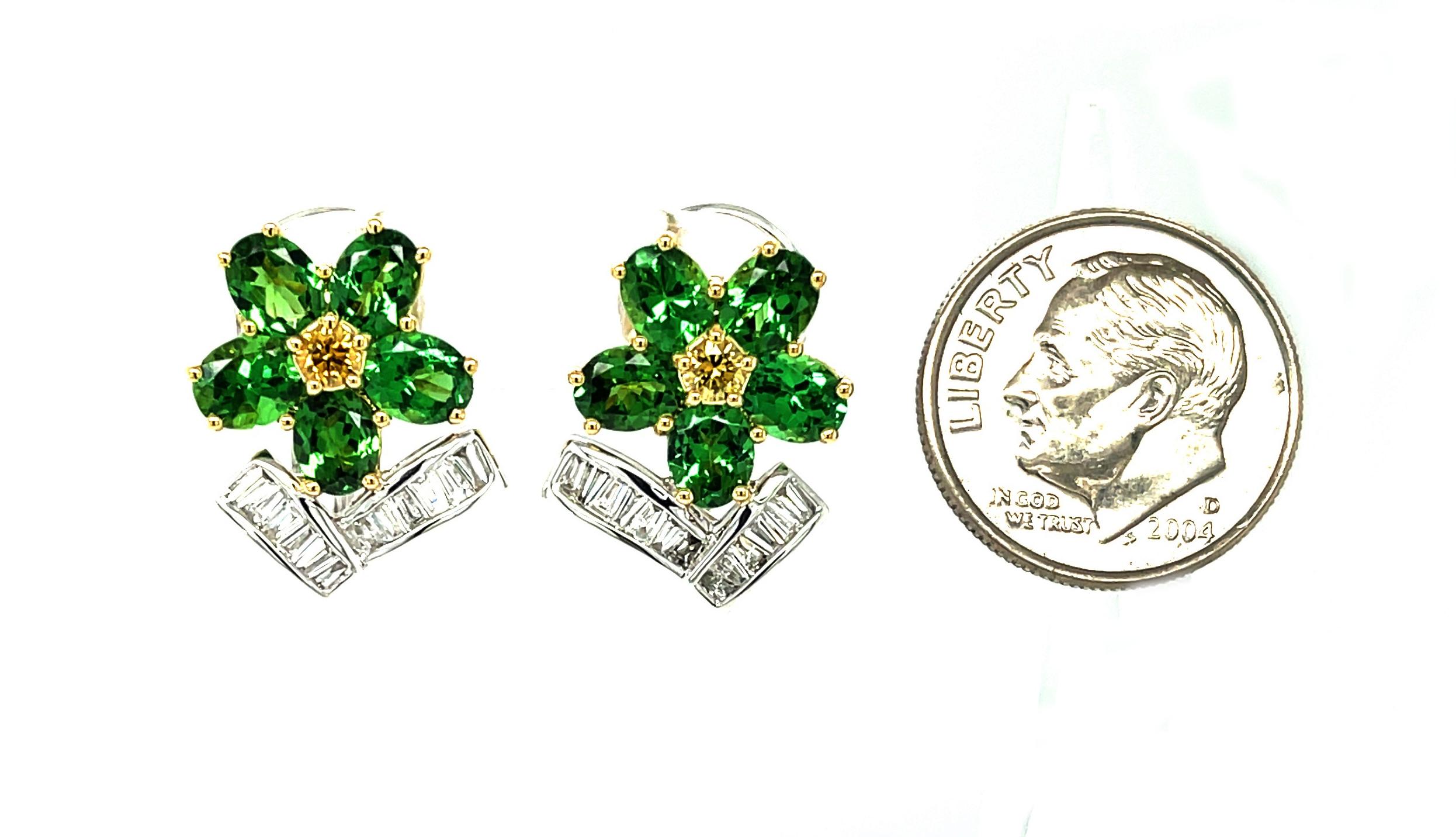 Tsavorite, Yellow and White Diamond French Clip Earrings in 18K Gold For Sale 1