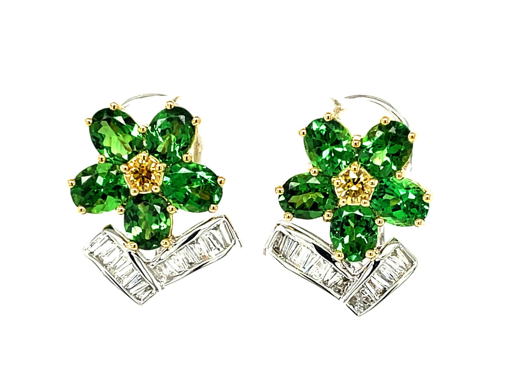 Tsavorite, Yellow and White Diamond French Clip Earrings in 18K Gold For Sale 2