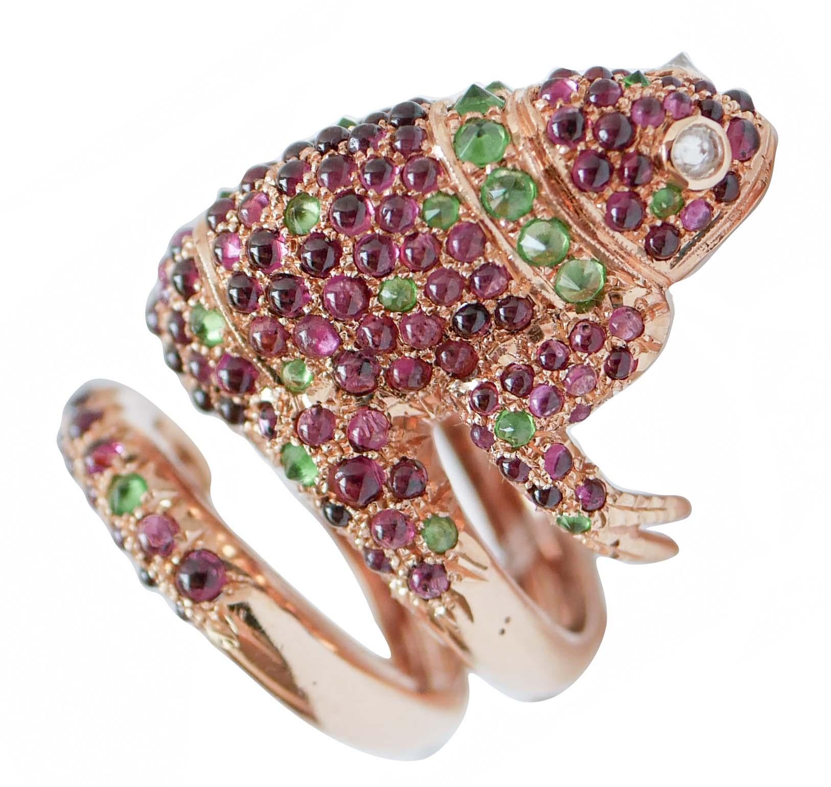 Retro Tsavorite, Garnets, Diamonds, 14 Karat Rose Gold Chameleon Ring For Sale