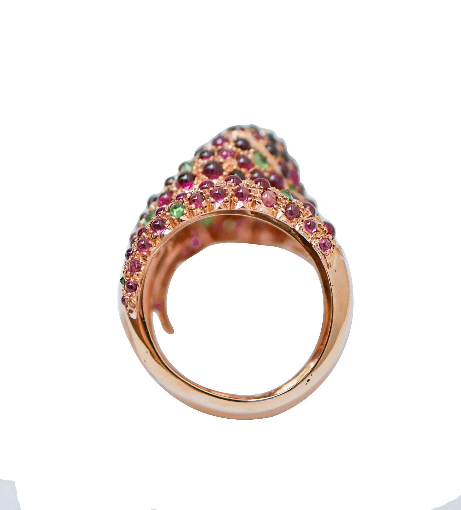 Mixed Cut Tsavorite, Garnets, Diamonds, 14 Karat Rose Gold Chameleon Ring For Sale