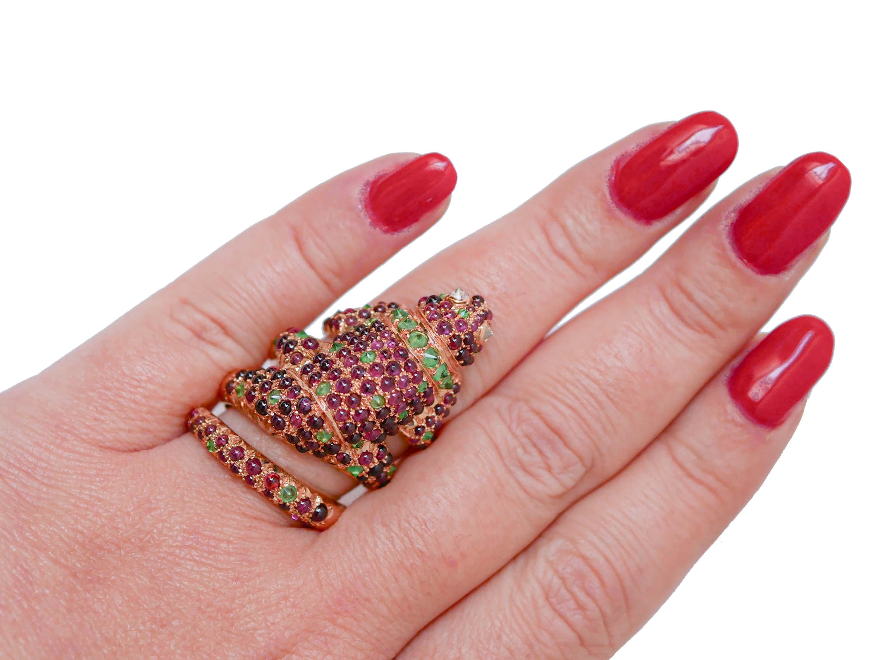 Women's Tsavorite, Garnets, Diamonds, 14 Karat Rose Gold Chameleon Ring For Sale