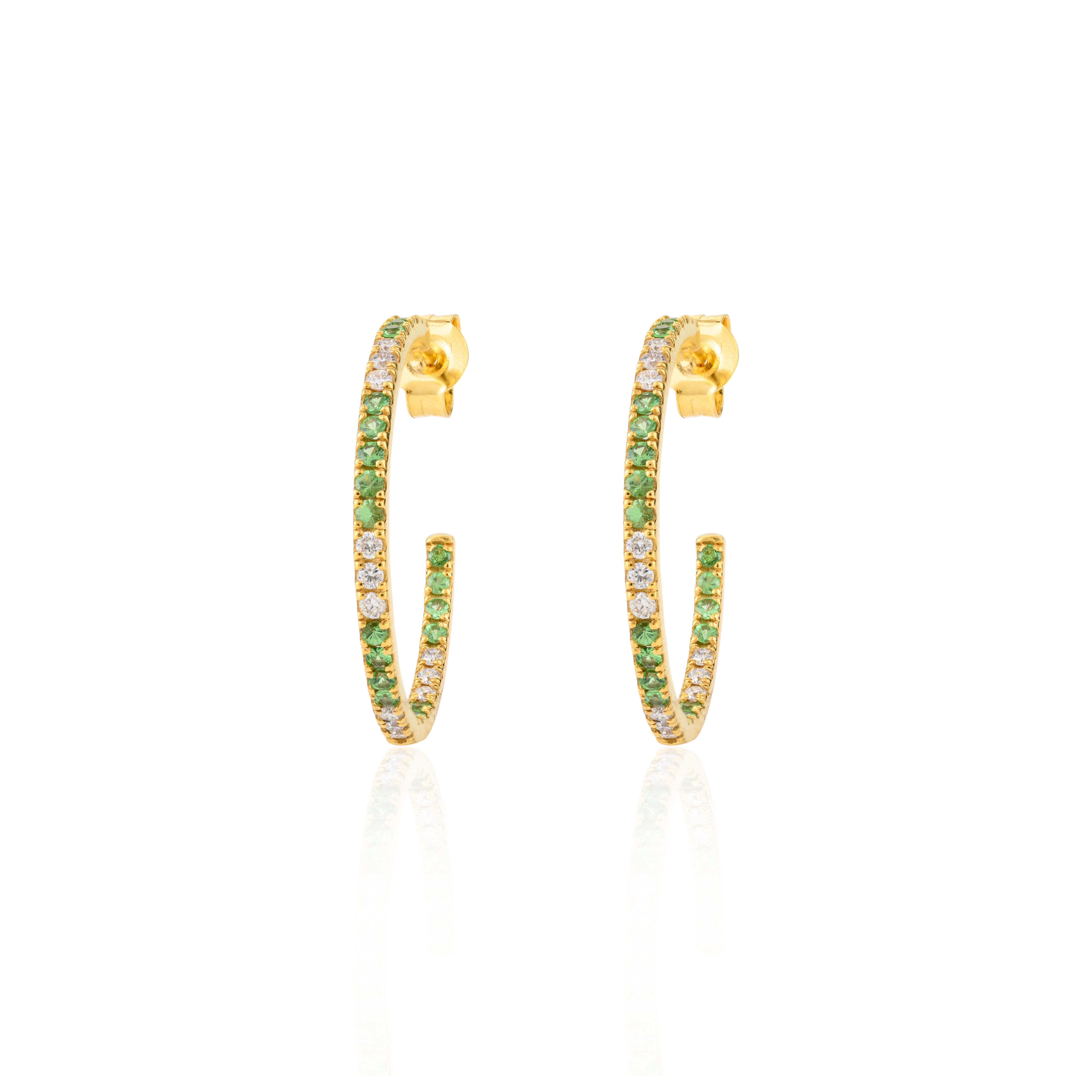 Tsavorite Gemstone and Diamond Thin C-Hoops in 18 Karat Yellow Gold In New Condition For Sale In Houston, TX