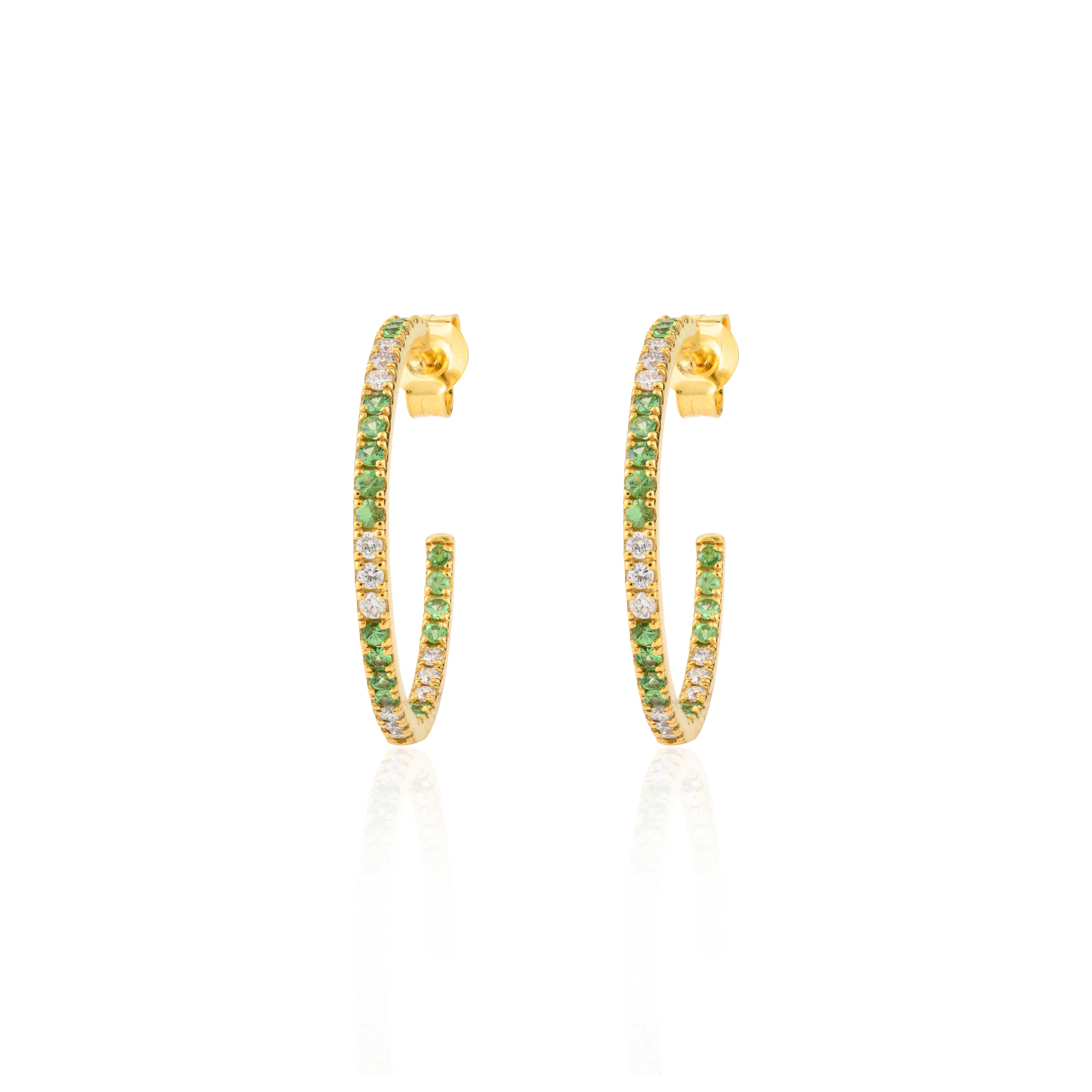 Tsavorite Gemstone and Diamond Thin C-Hoops in 18 Karat Yellow Gold For Sale 1