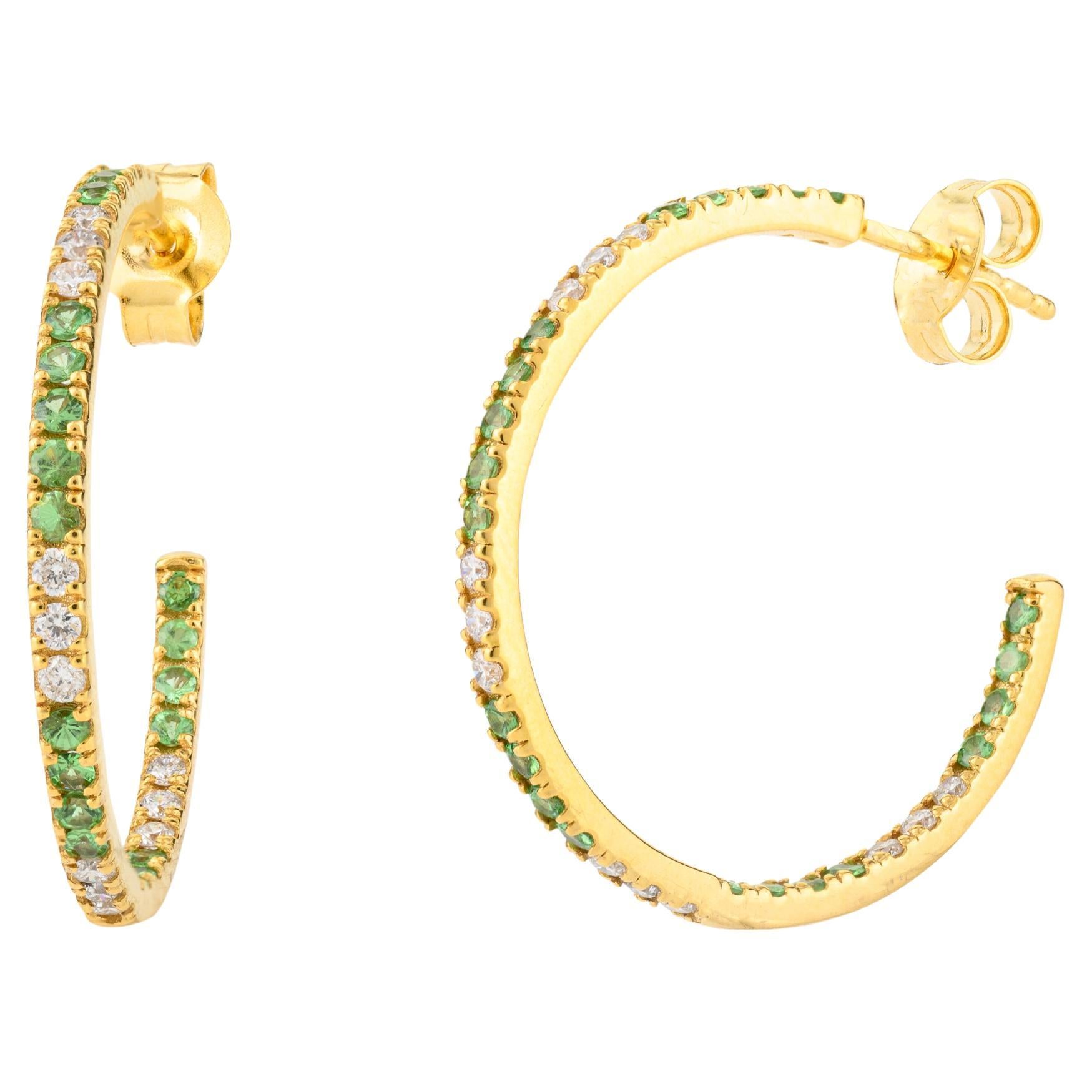 Tsavorite Gemstone and Diamond Thin C-Hoops in 18 Karat Yellow Gold