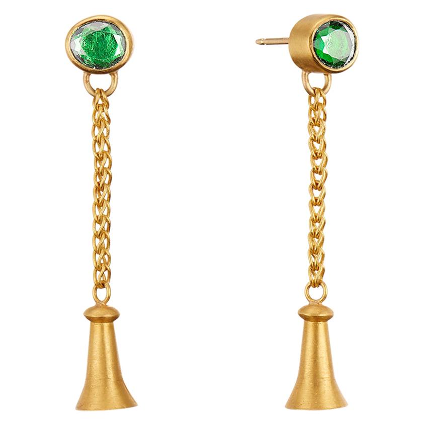 Tsavorite Green Garnet 22 Karat Gold Dangle Golden Bluebell Earrings, 18k Posts