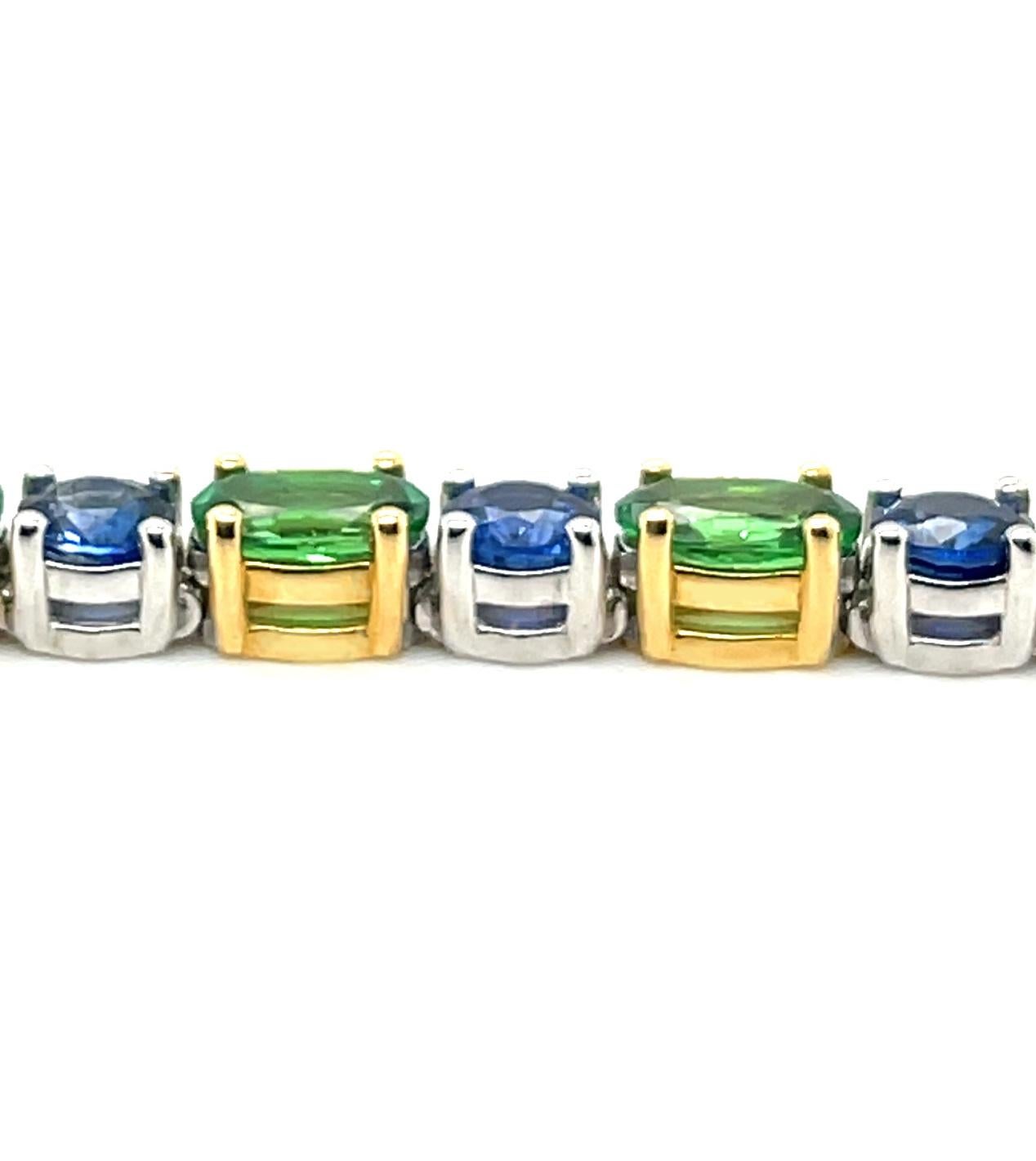Artisan Tsavorite Green Garnet and Blue Sapphire Link Bracelet in 18k Gold For Sale