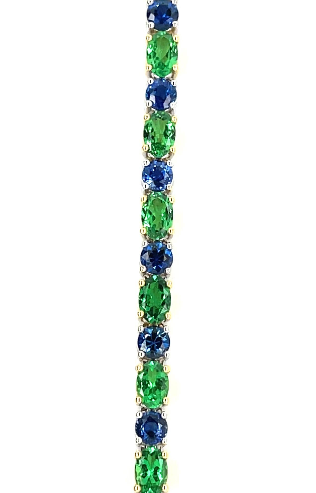 Women's Tsavorite Green Garnet and Blue Sapphire Link Bracelet in 18k Gold For Sale