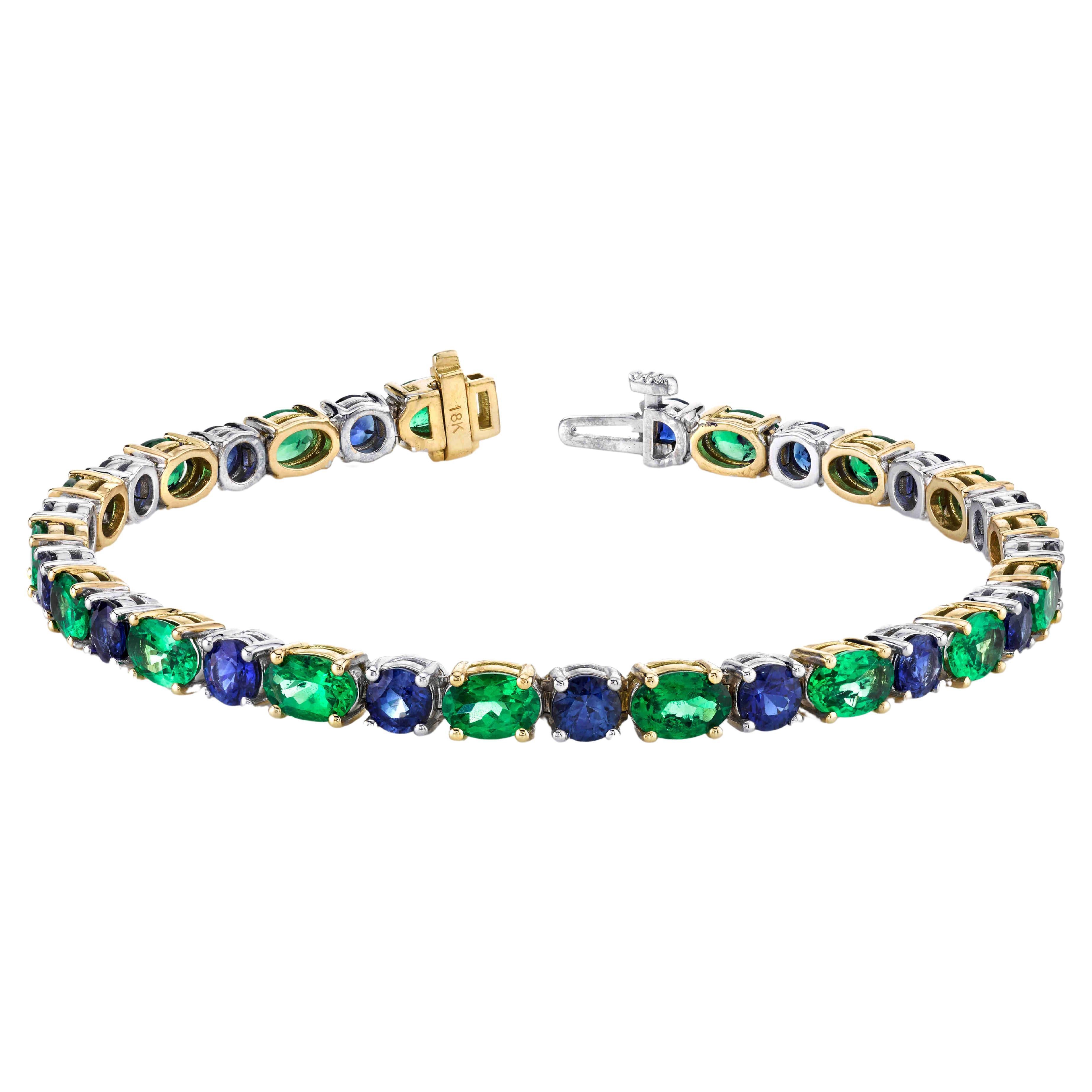 Tsavorite Green Garnet and Blue Sapphire Link Bracelet in 18k Gold