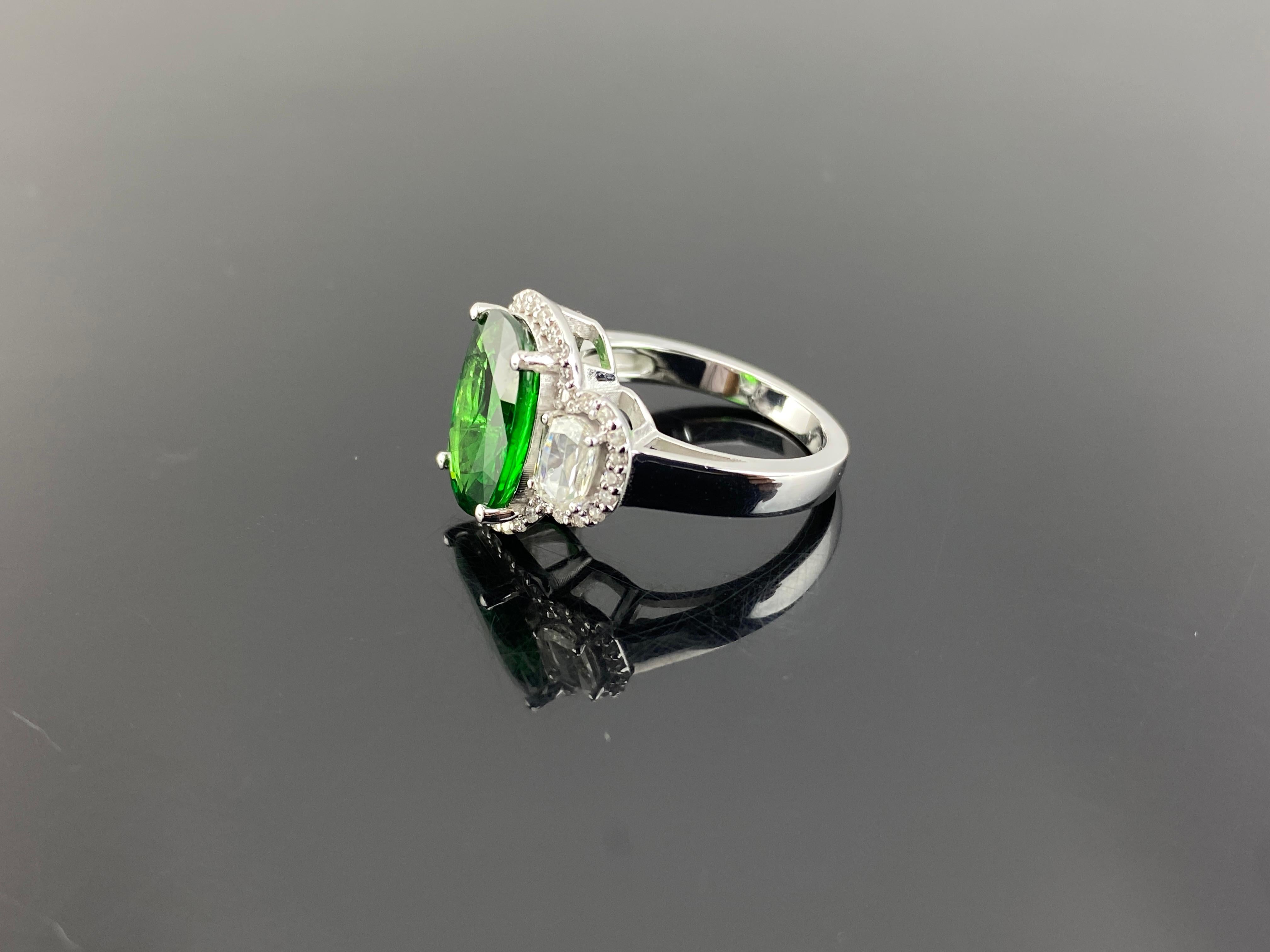 Artisan Tsavorite Green Garnet and Rosecut Diamond White Gold Cocktail Engagement Ring For Sale