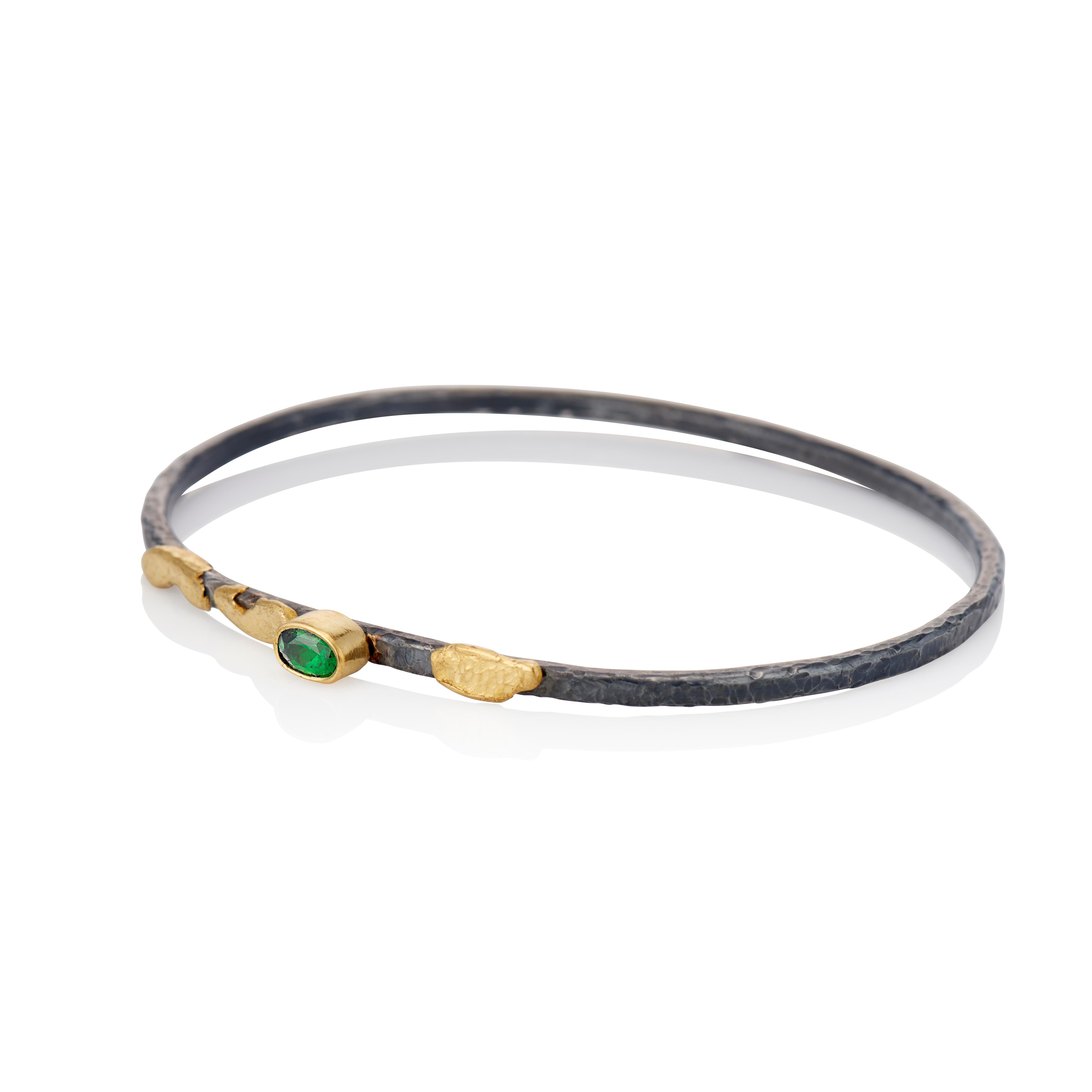 Contemporary Tsavorite Green Garnet Bangle Bracelet in 22 Karat Yellow Gold & Sterling Silver For Sale