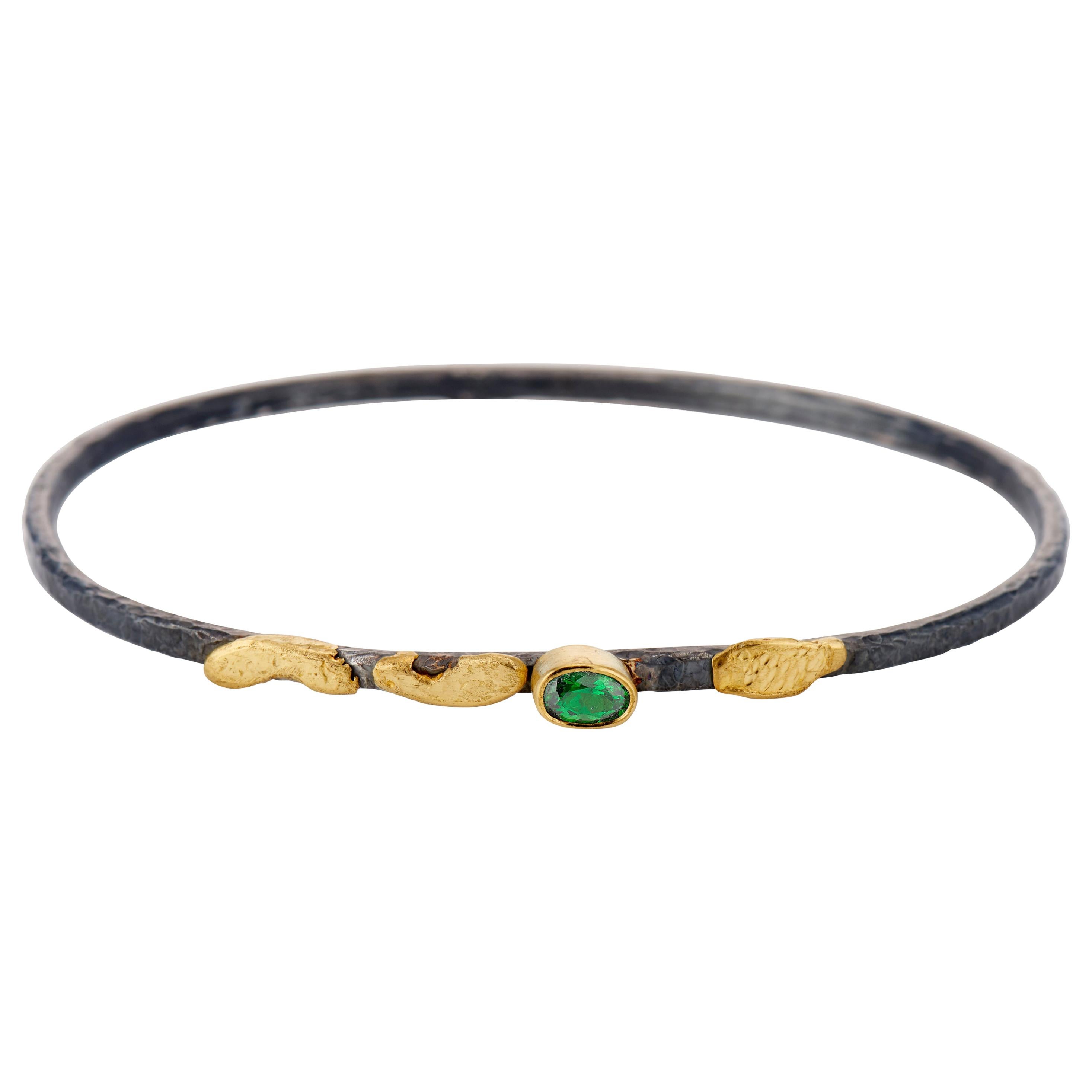 Tsavorite Green Garnet Bangle Bracelet in 22 Karat Yellow Gold & Sterling Silver For Sale
