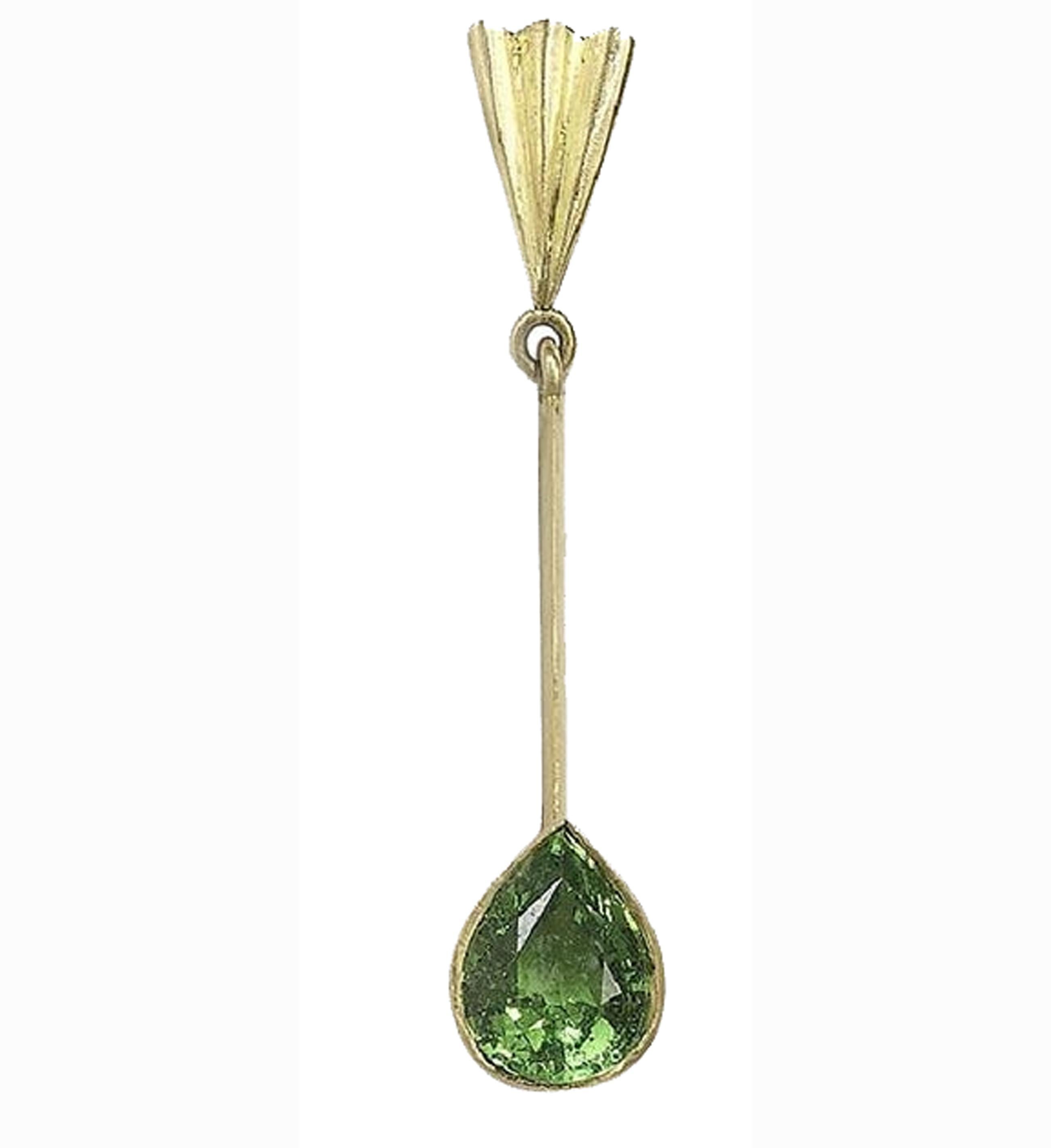 18ct yellow gold long drop earrings with fan motif tops, pear shaped tsavorite drops. Handmade by Julia Lloyd George in her London studio.
