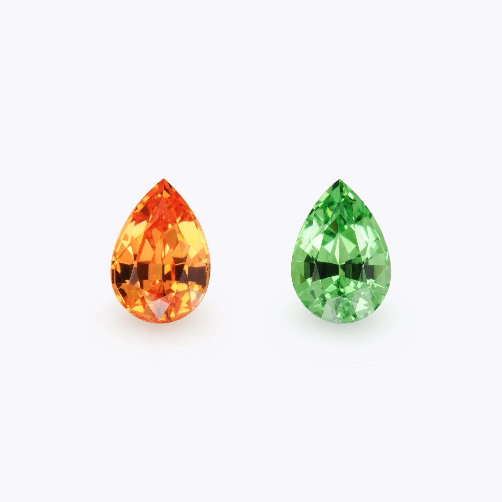 Mesmerizing Tsavorite and Mandarin Garnet 2.01 carat pear shaped earrings pair, offered loose to an elegant lady.
These vibrant gems would make a perfect mismatch pair of earrings or a unique vertical ring.
Returns are accepted and paid by us within