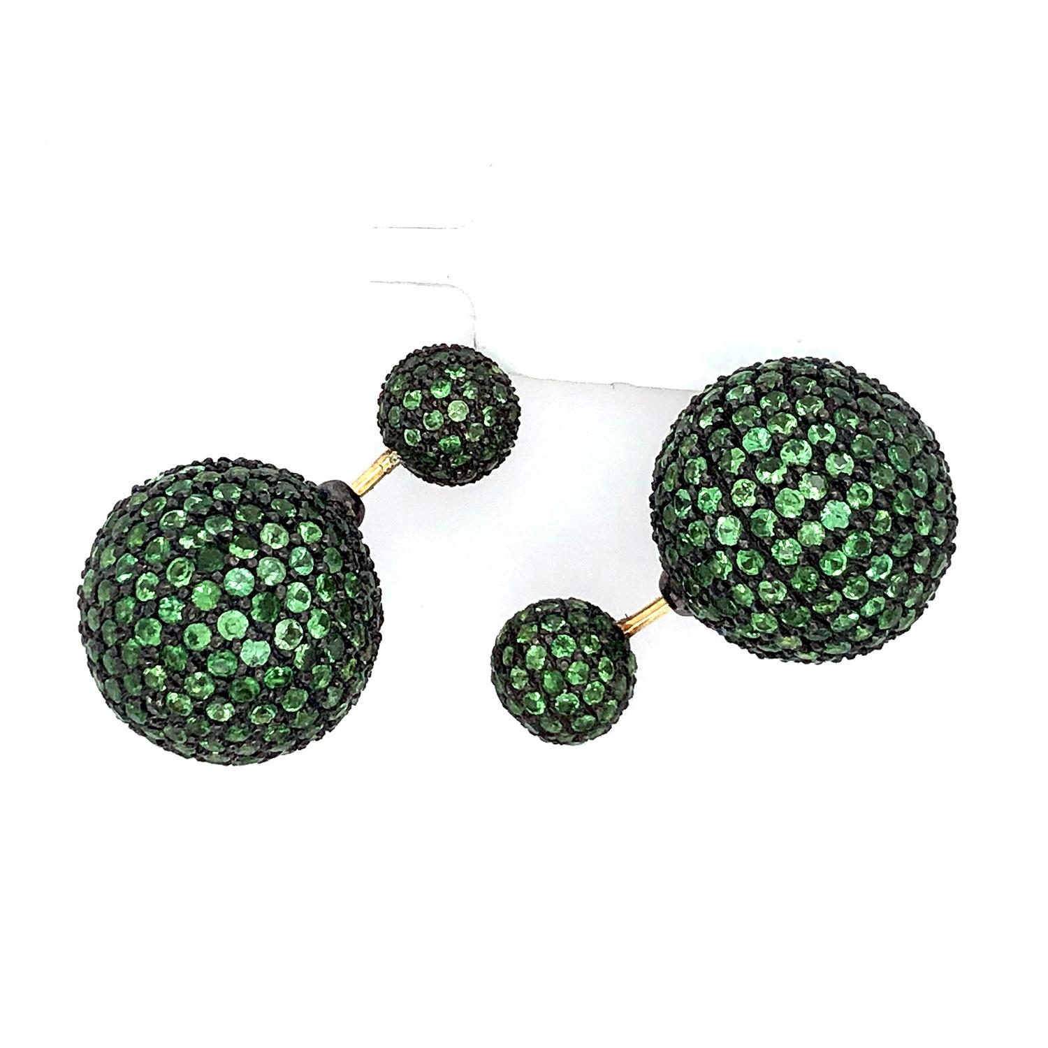 Artisan Tsavorite Micro Pave Ball Tunnel Earring Made In 18k Gold & Silver For Sale