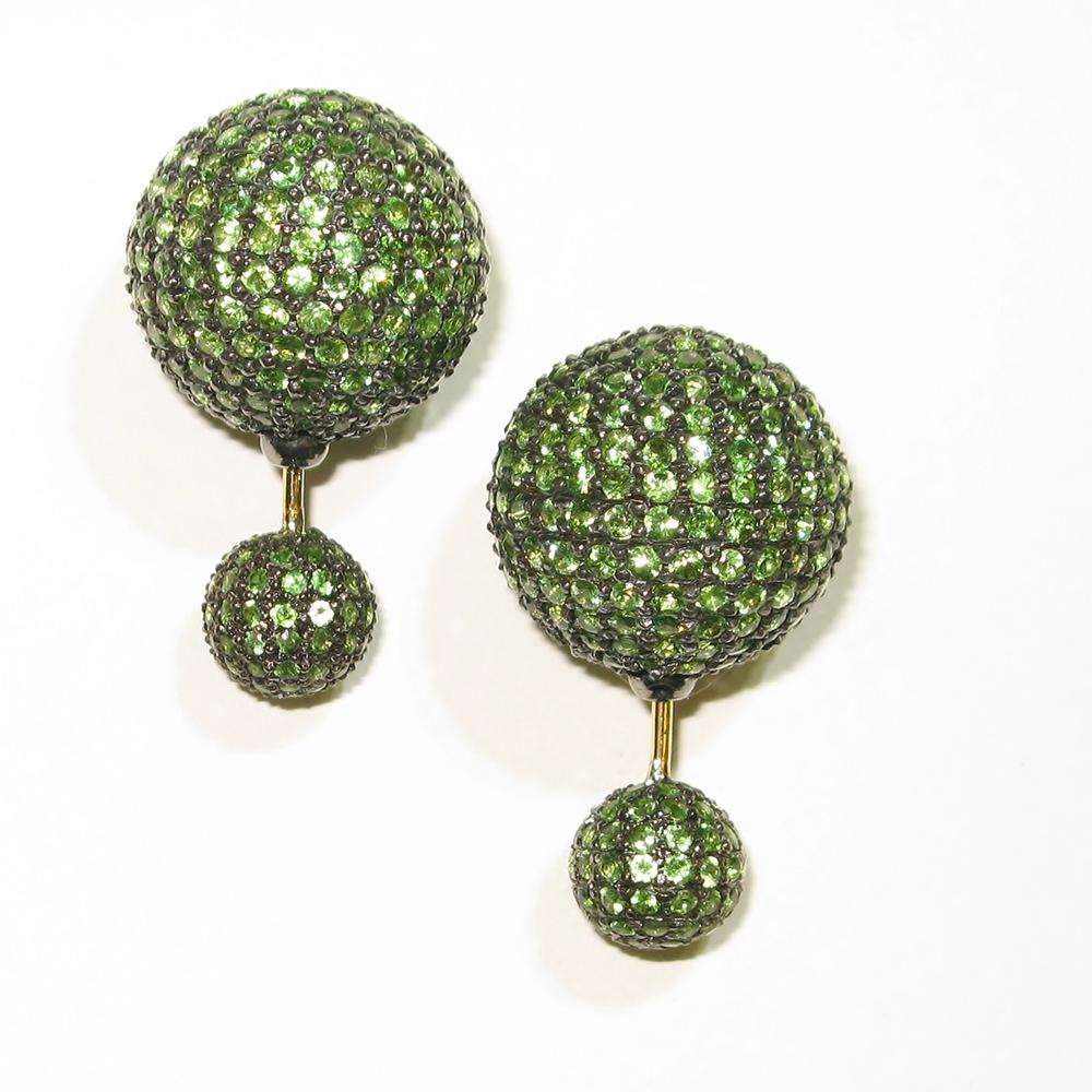 Mixed Cut Tsavorite Micro Pave Ball Tunnel Earring Made In 18k Gold & Silver For Sale