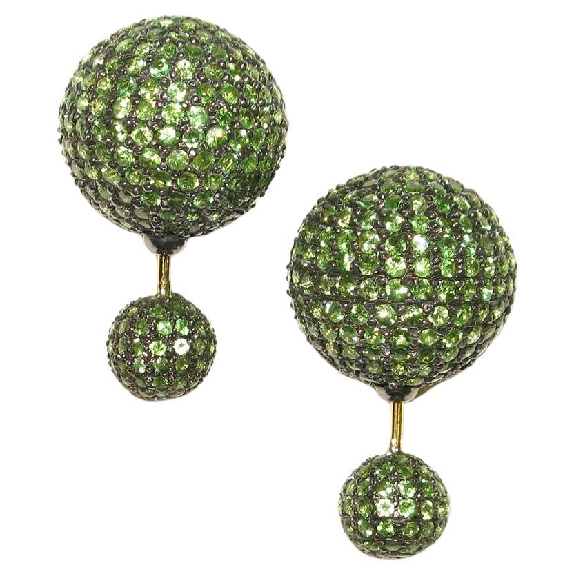Tsavorite Micro Pave Ball Tunnel Earring Made In 18k Gold & Silver For Sale