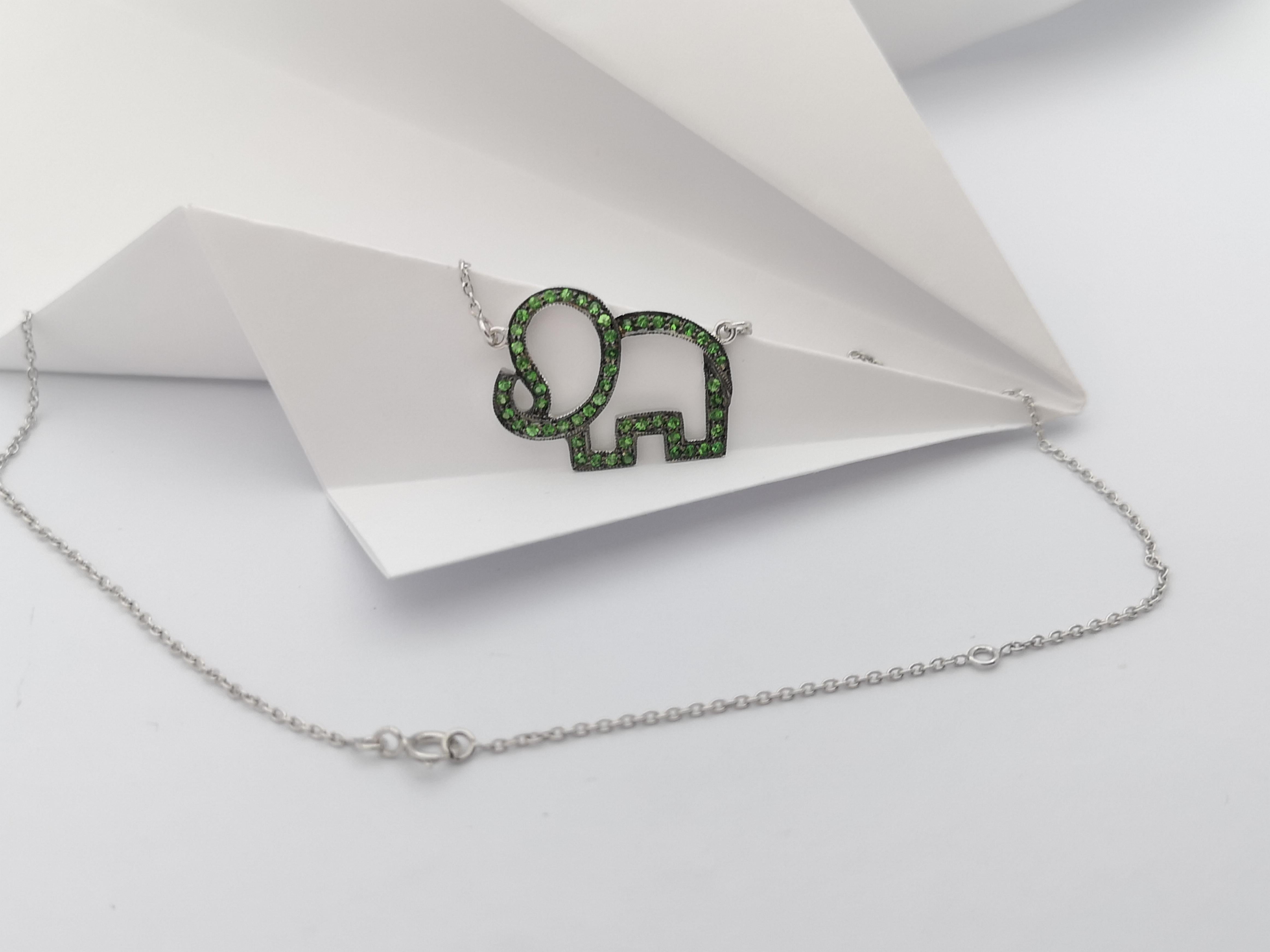 Contemporary Tsavorite Elephant Necklace set in Silver Settings For Sale