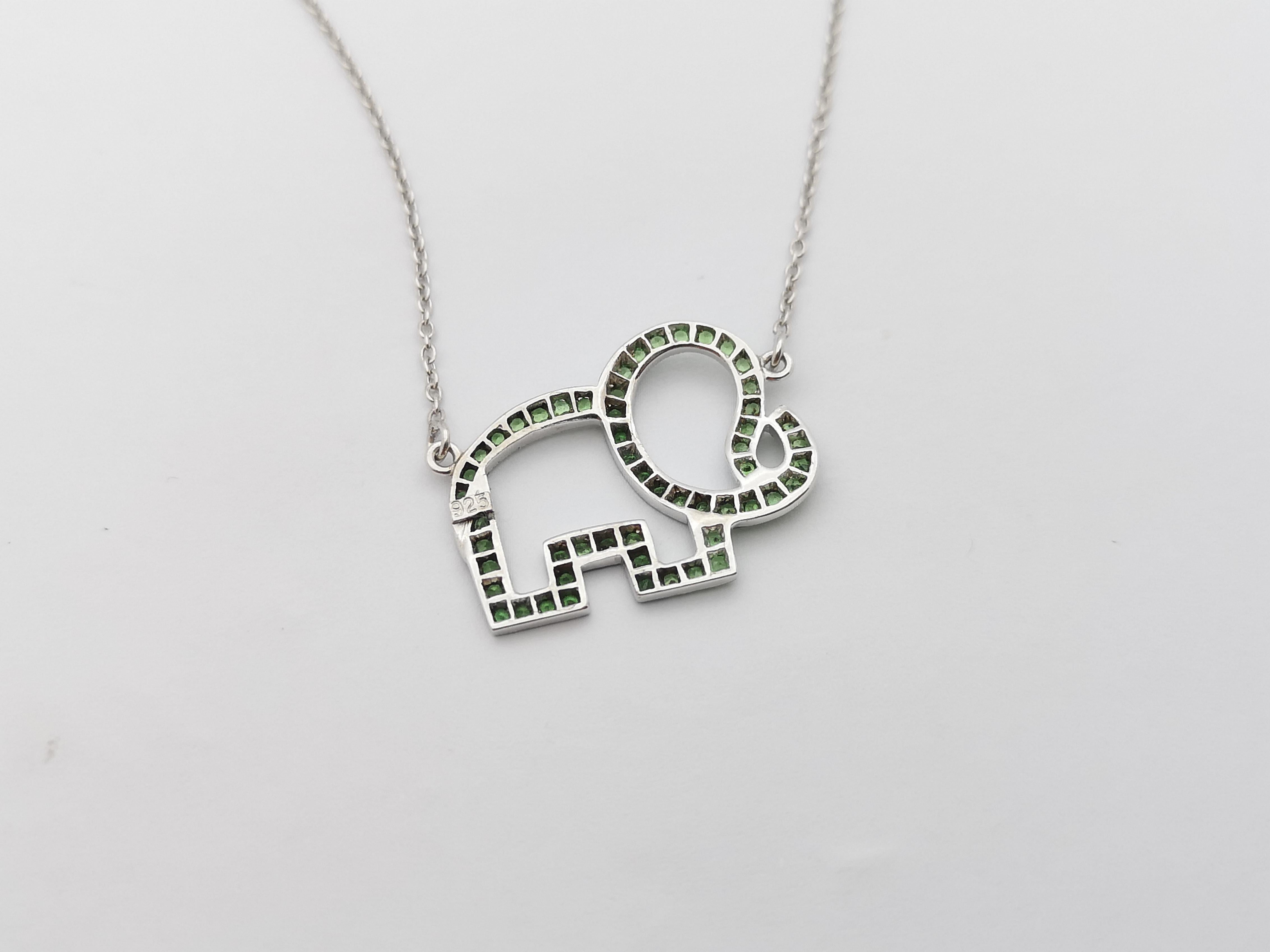 Brilliant Cut Tsavorite Elephant Necklace set in Silver Settings For Sale
