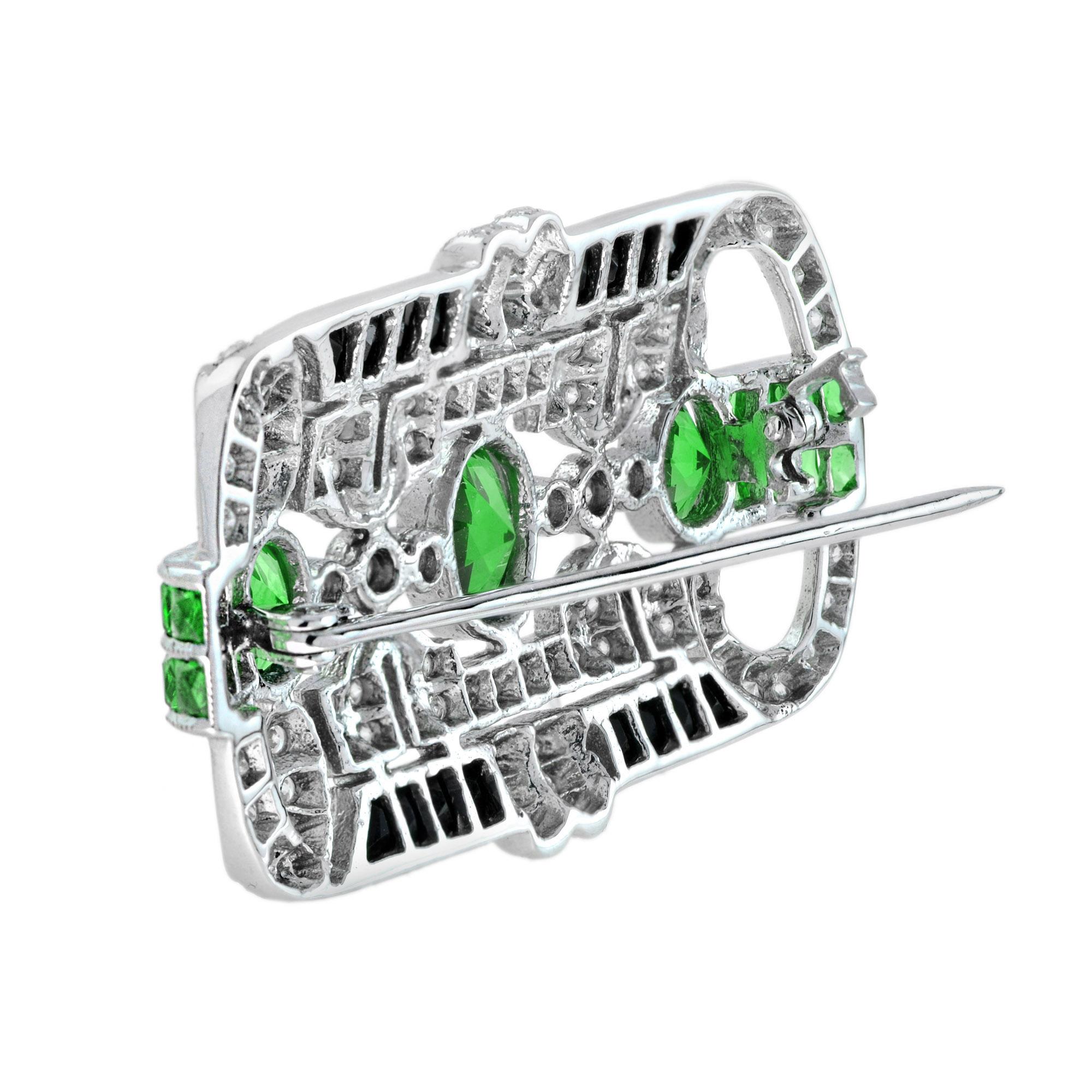 Tsavorite Onyx Diamond Art Deco Style Brooch in 18k White Gold In New Condition For Sale In Bangkok, TH