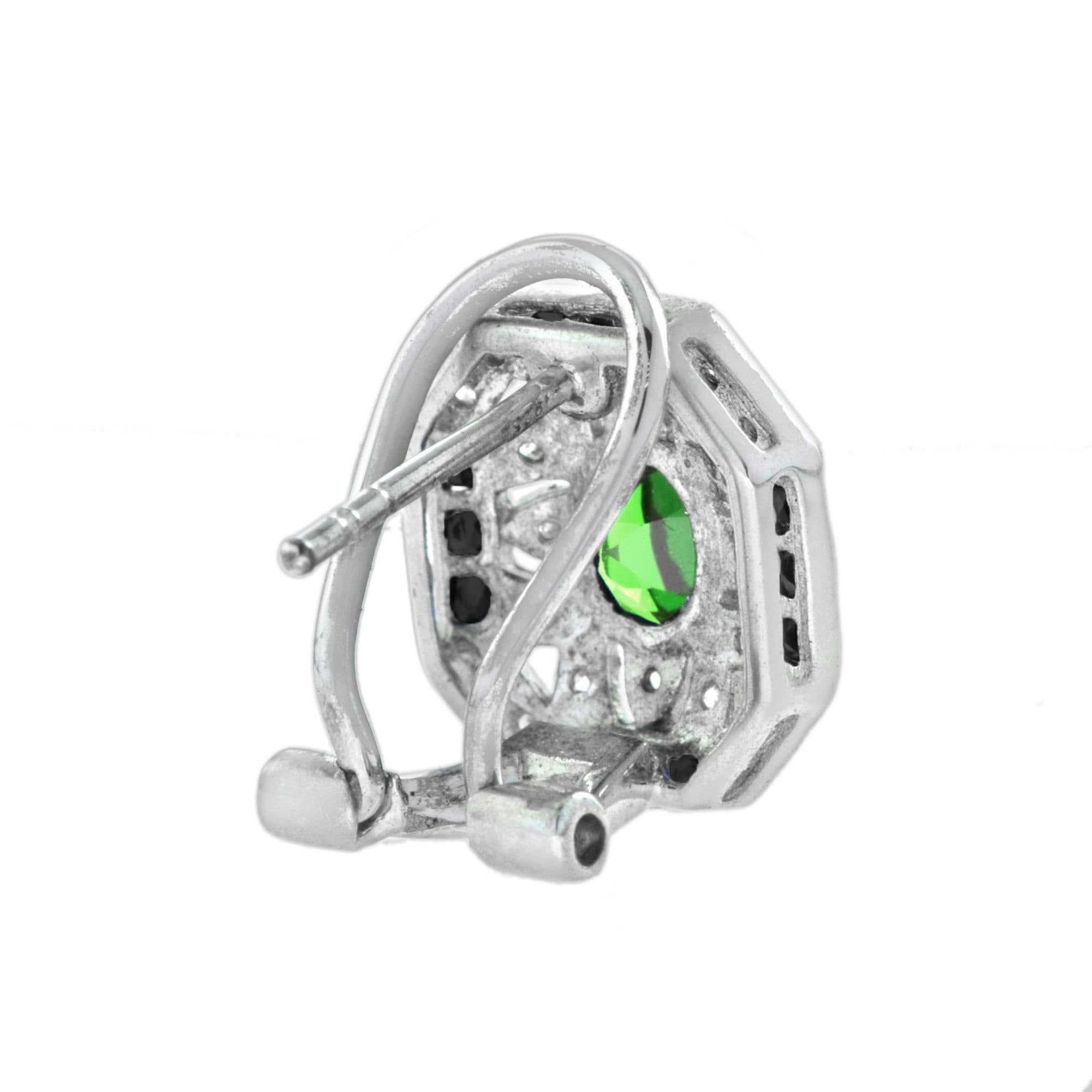 Tsavorite Onyx Diamond Art Deco Style Omega Earrings in 14K White Gold In New Condition For Sale In Bangkok, TH