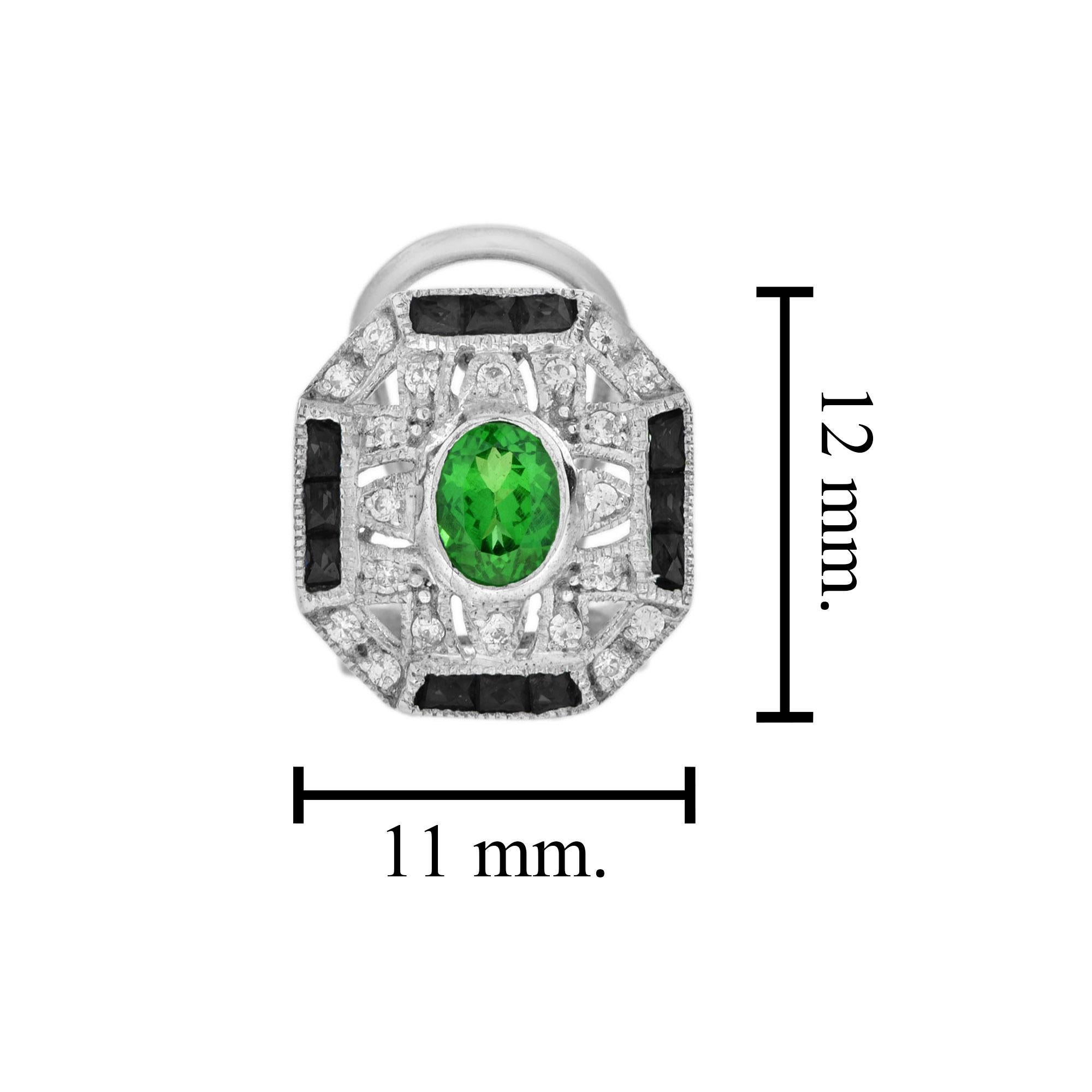 Women's Tsavorite Onyx Diamond Art Deco Style Omega Earrings in 14K White Gold For Sale