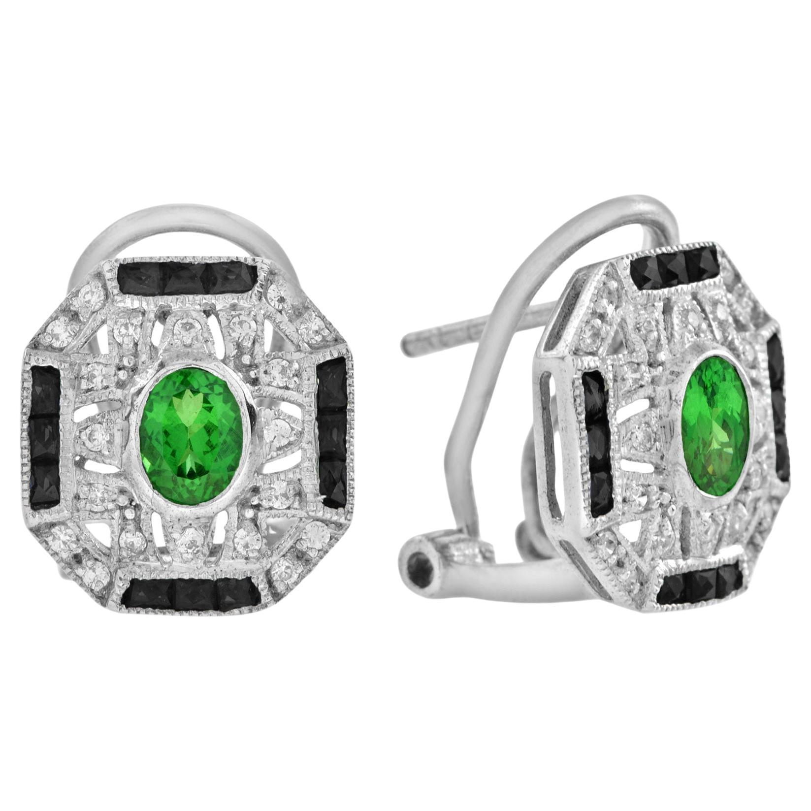 Tsavorite Onyx Diamond Art Deco Style Omega Earrings in 14K White Gold For Sale