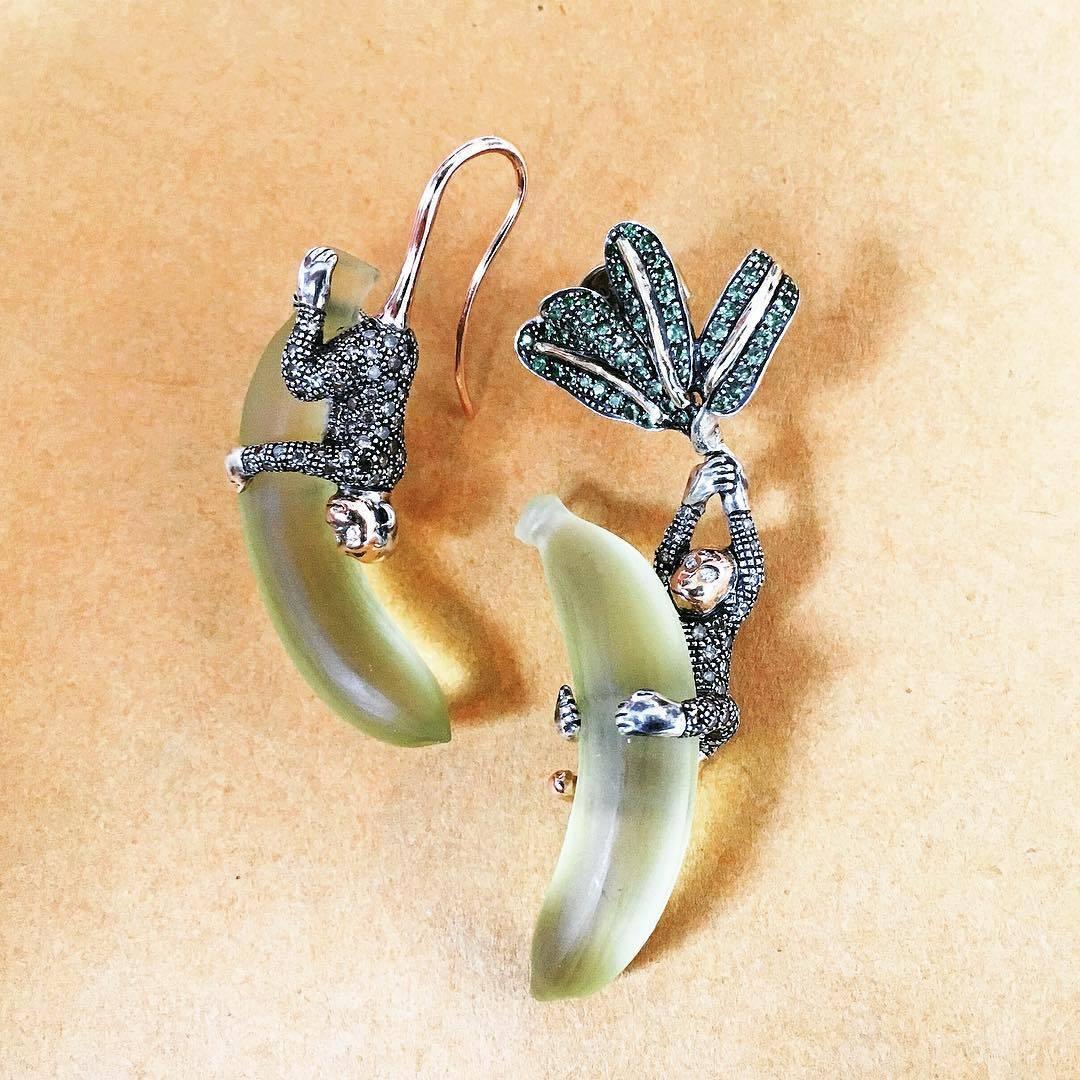 Tsavorite Palm Leaf with Diamond Monkey on Lemon Quartz Banana 18k Gold Earrings For Sale 2